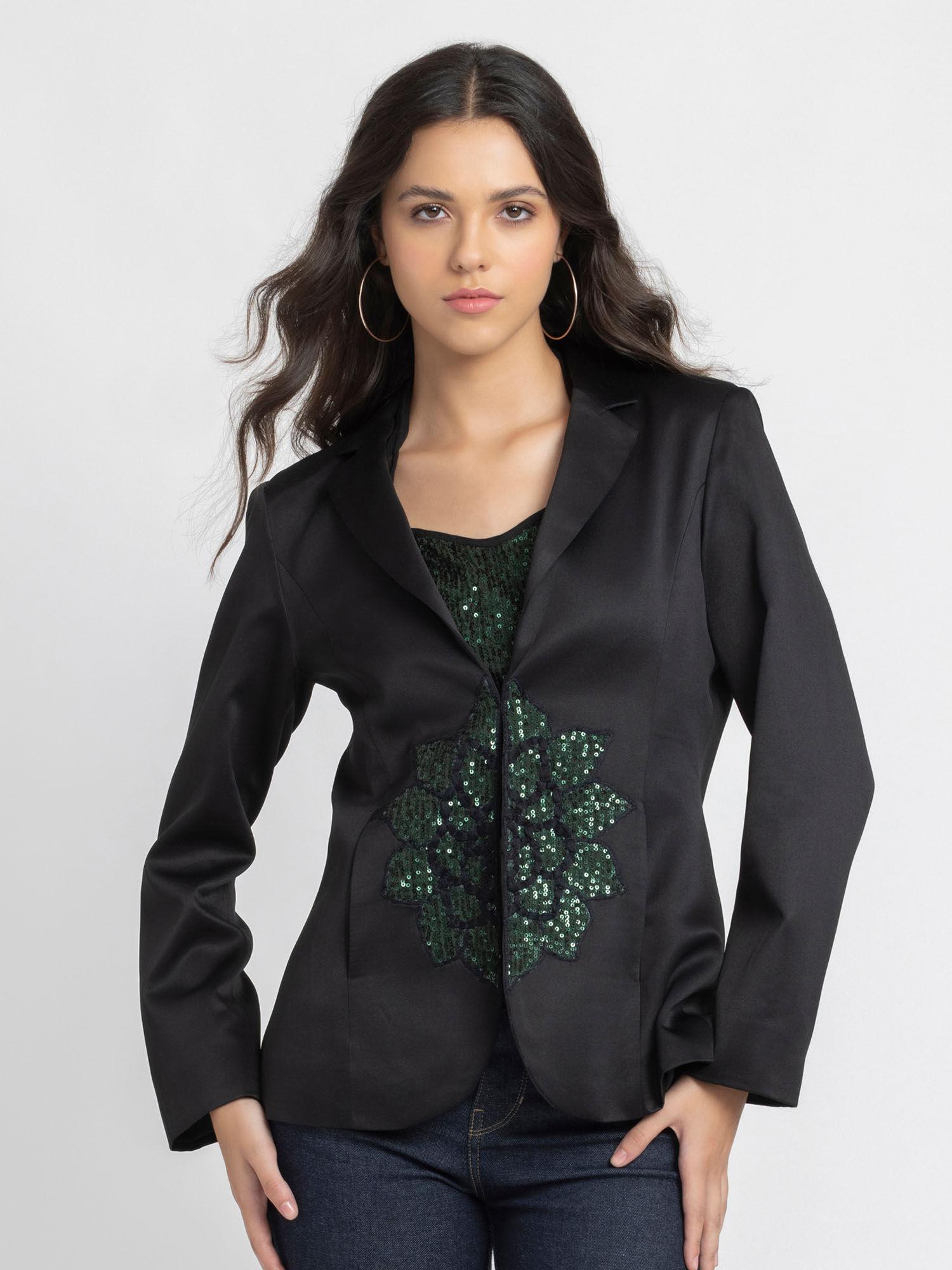 Women Lapel Collar Black Solid Full Sleeves Party Blazer