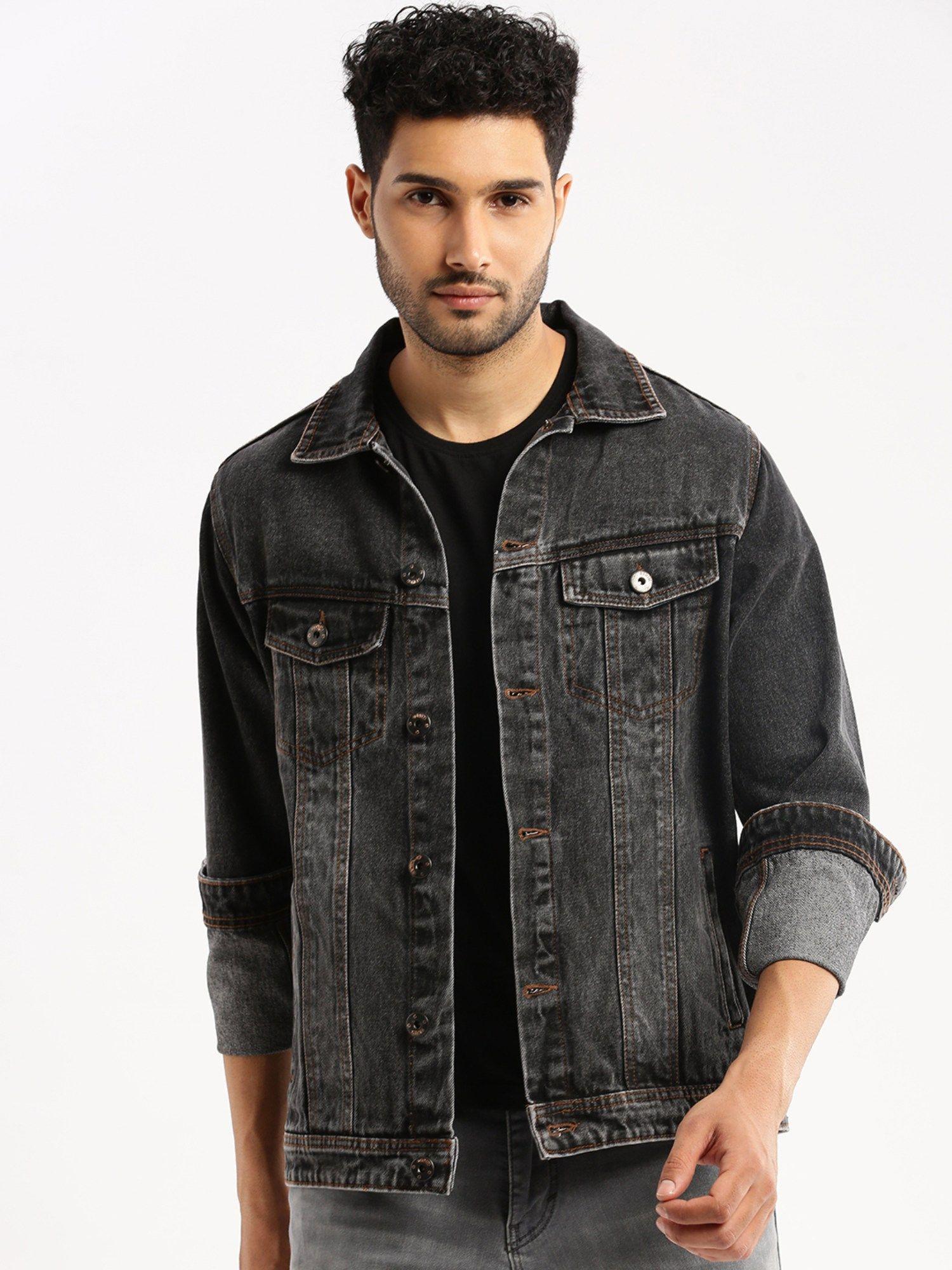 men's-spread-collar-long-sleeves-grey-solid-denim-jacket