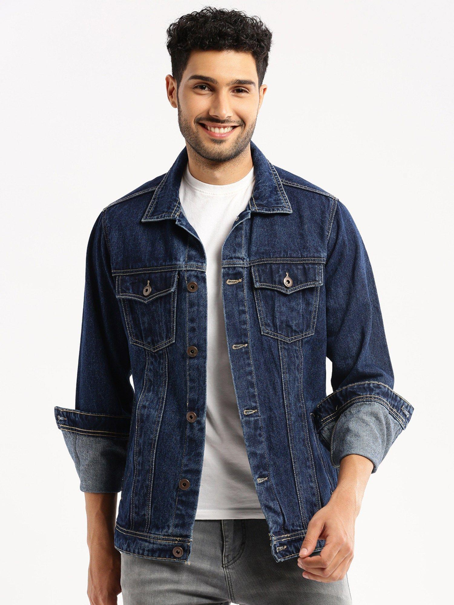men's-spread-collar-long-sleeves-navy-blue-solid-denim-jacket