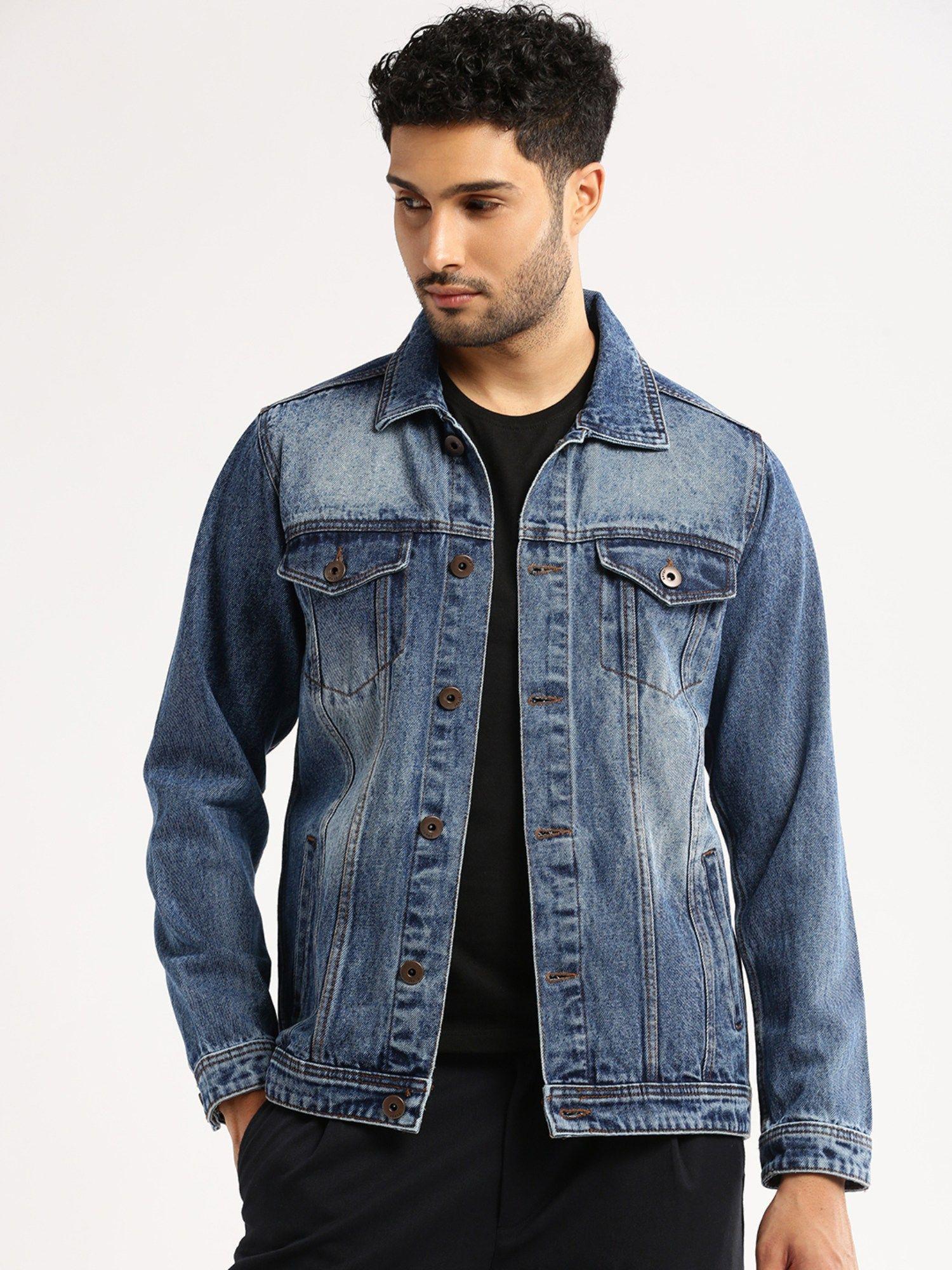 men's-spread-collar-long-sleeves-blue-solid-denim-jacket