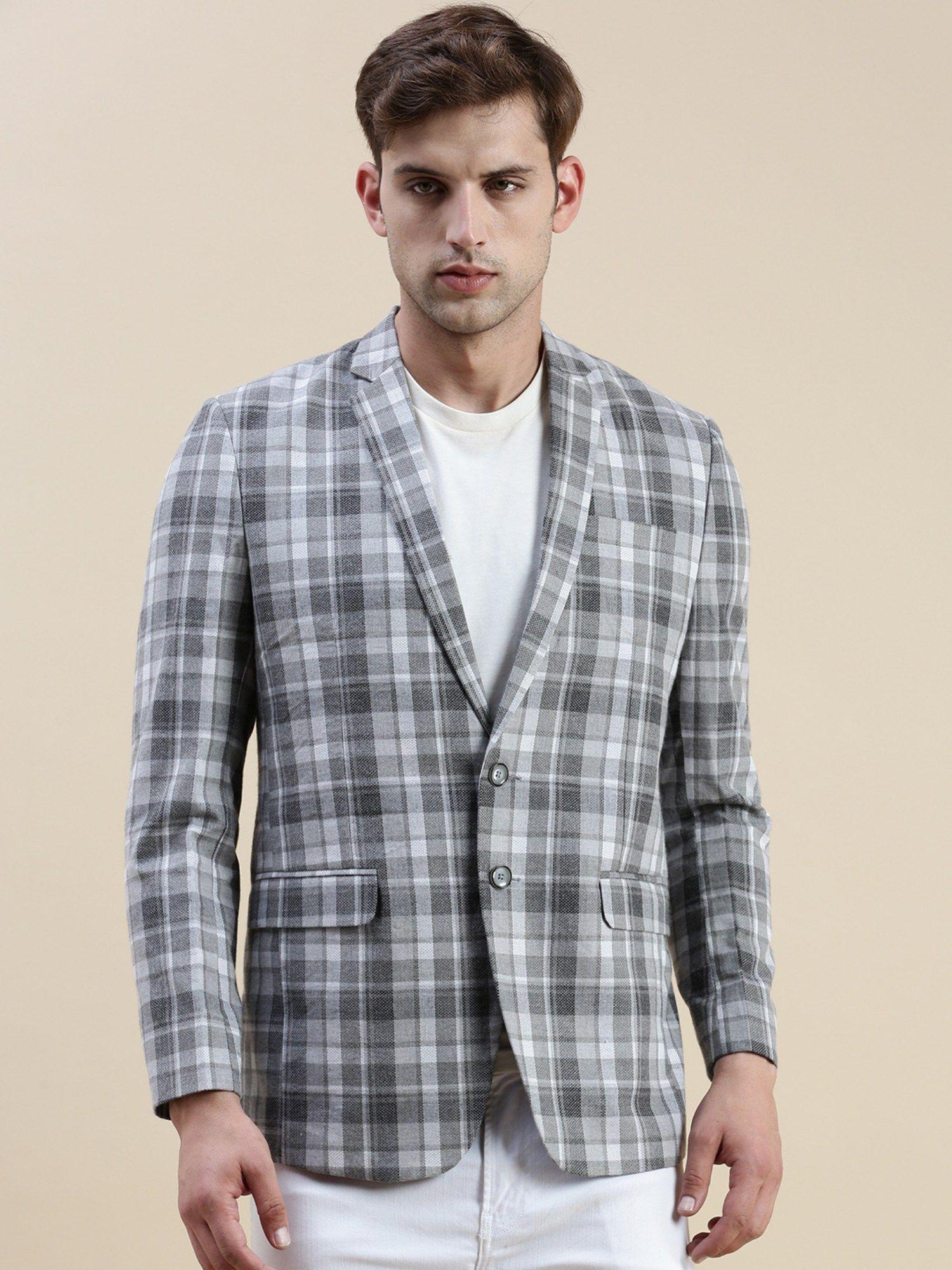 men's-checked-slim-fit-notched-lapel-grey-single-breasted-blazer