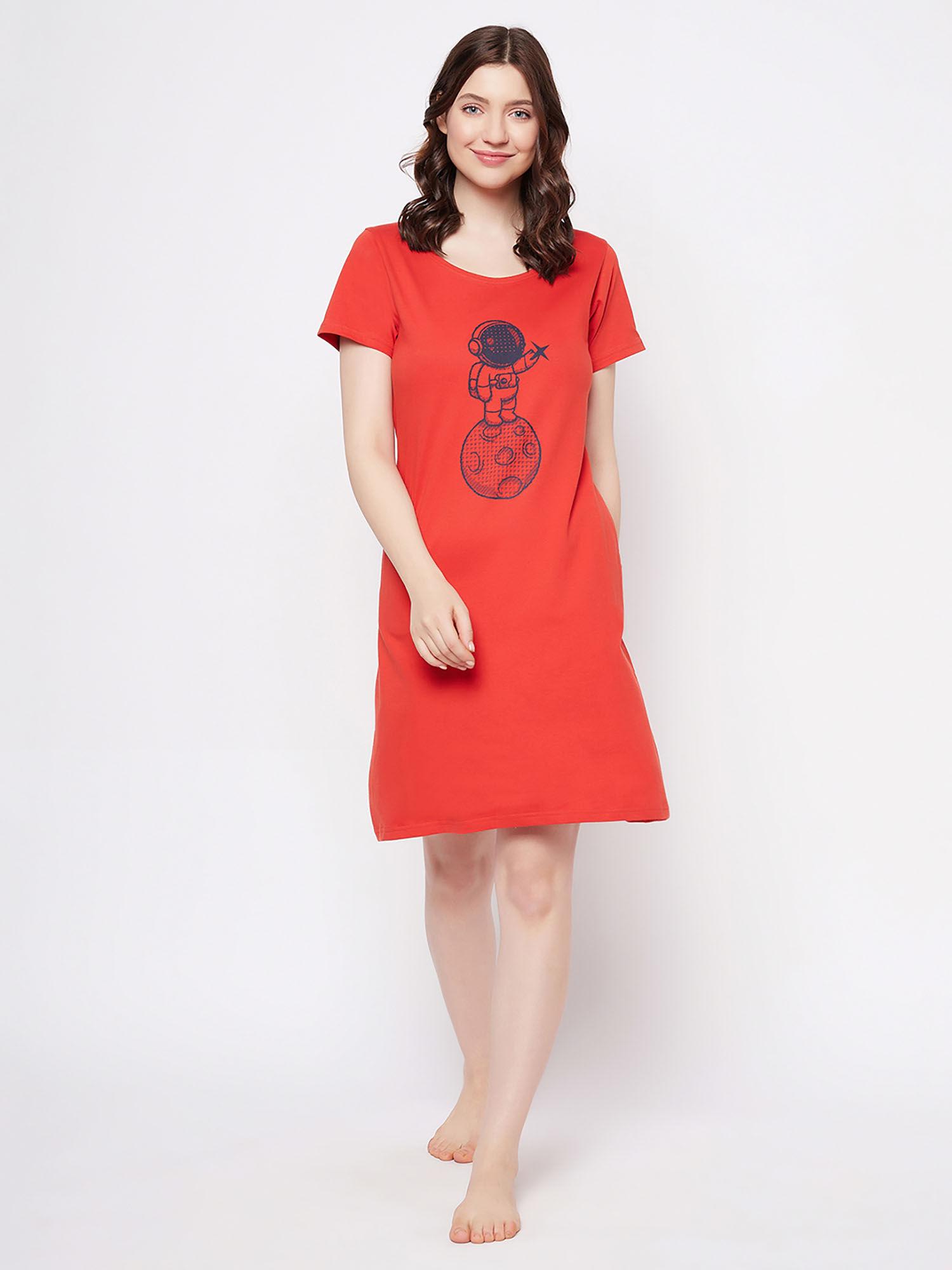 Astronaut & Moon Print Short Night Dress In Red - 100% Cotton
