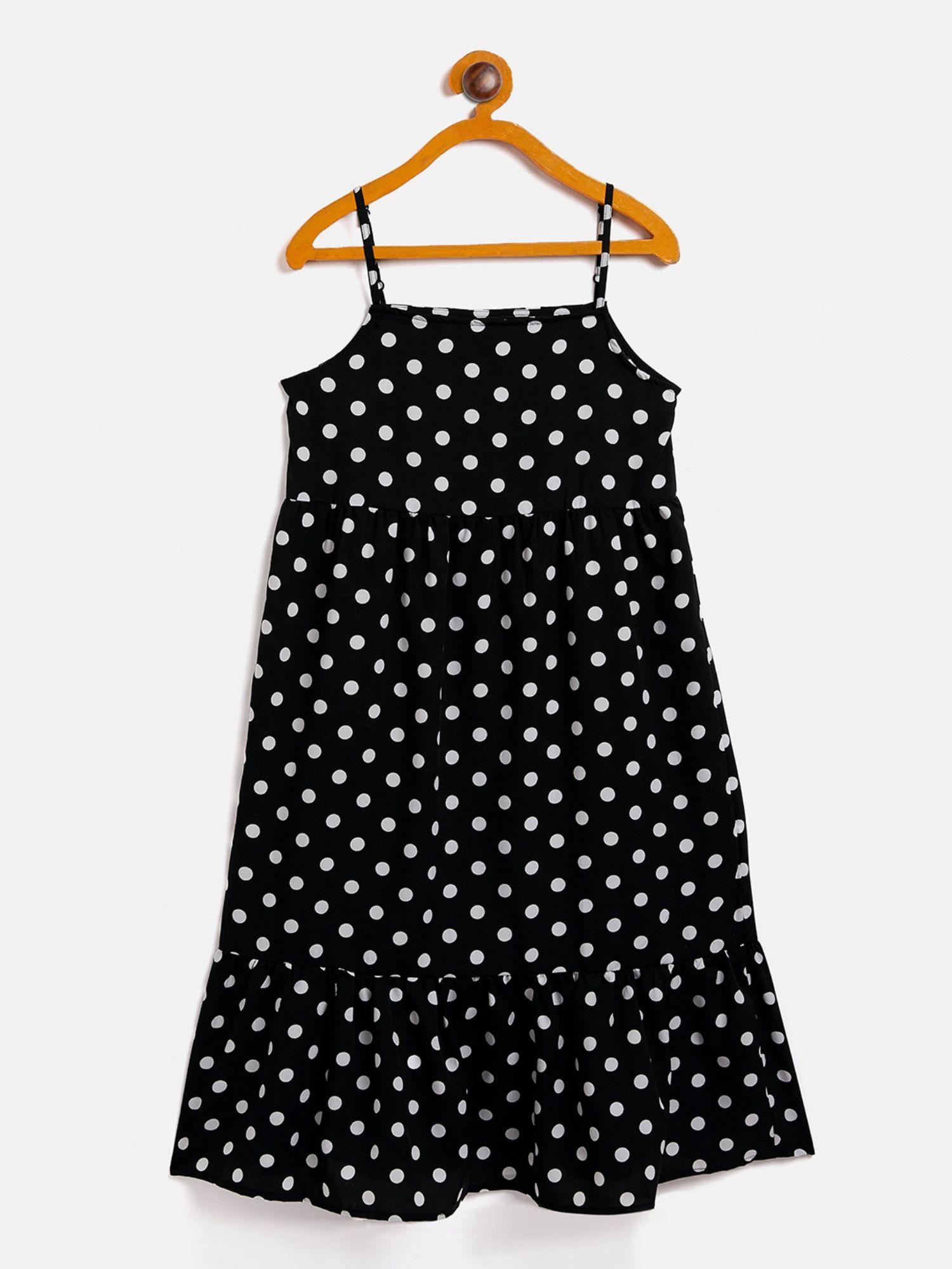 Girls Polka Printed A-Line Thin Strap Sleeveless Dress Black