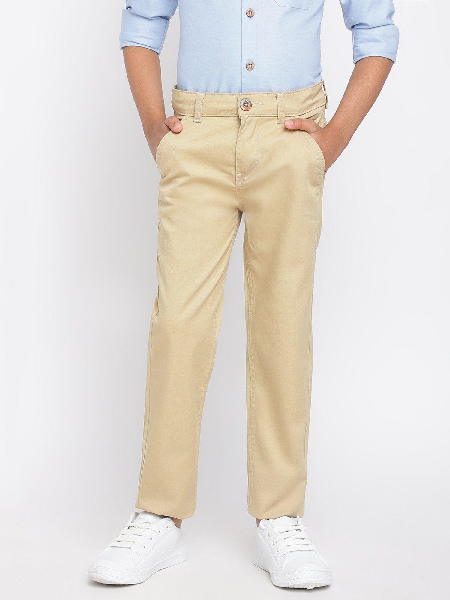 Boys Khaki Cotton Lycra Solid Trouser