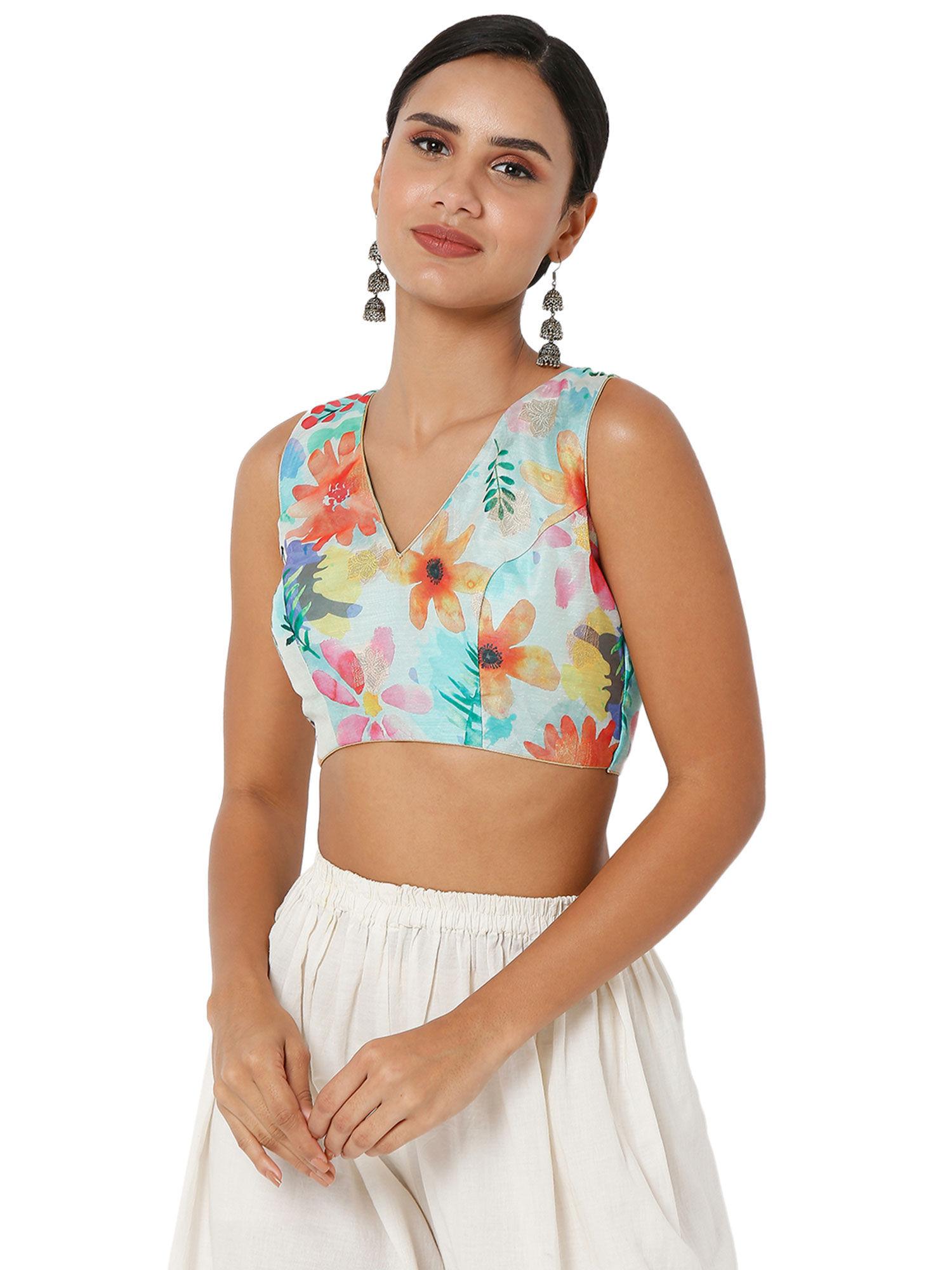 womens-multi-color-brocade-printed-readymade-saree-blouse