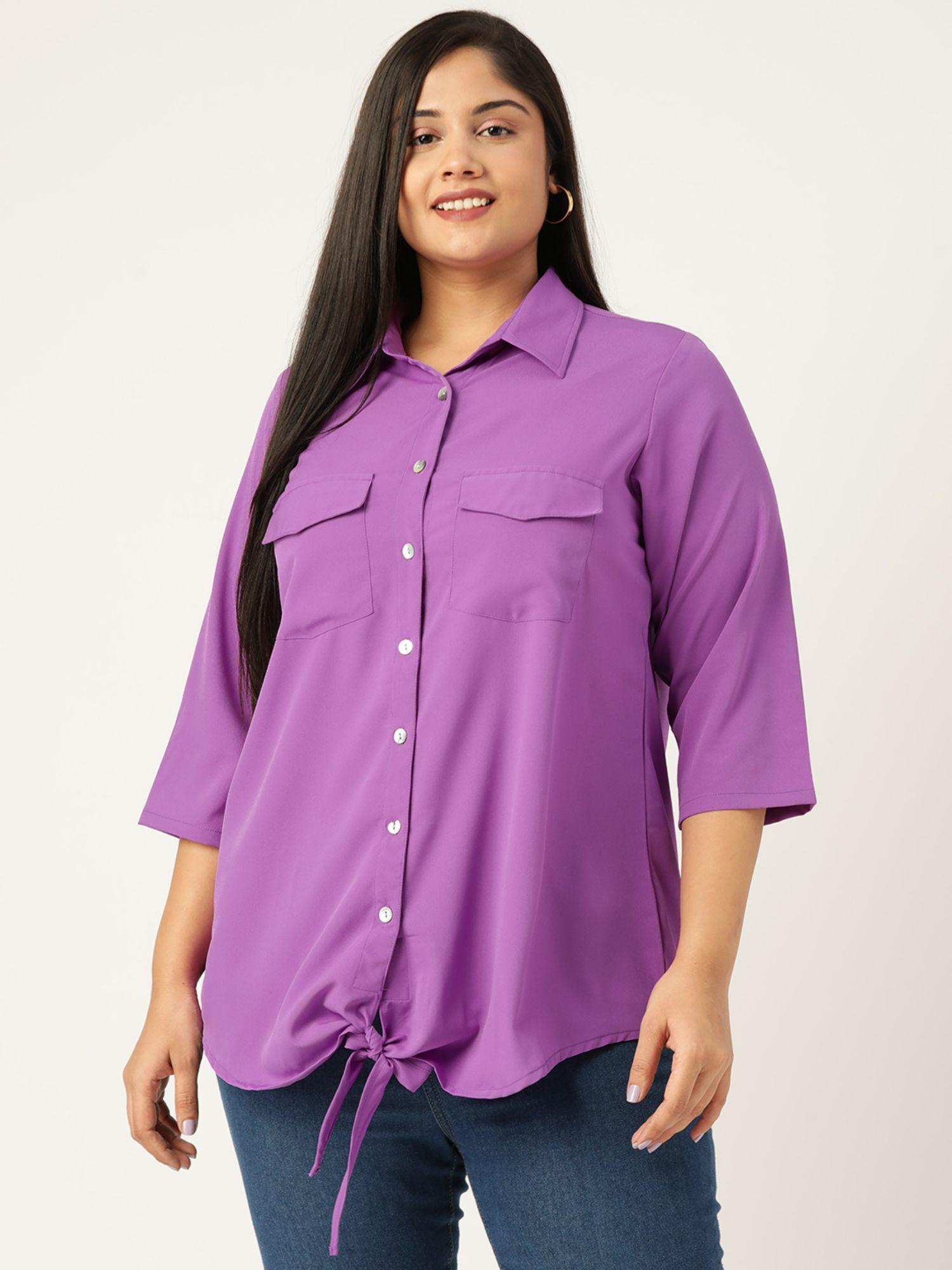 plus-size-women-purple-solid-colour-button-closure-casual-shirt