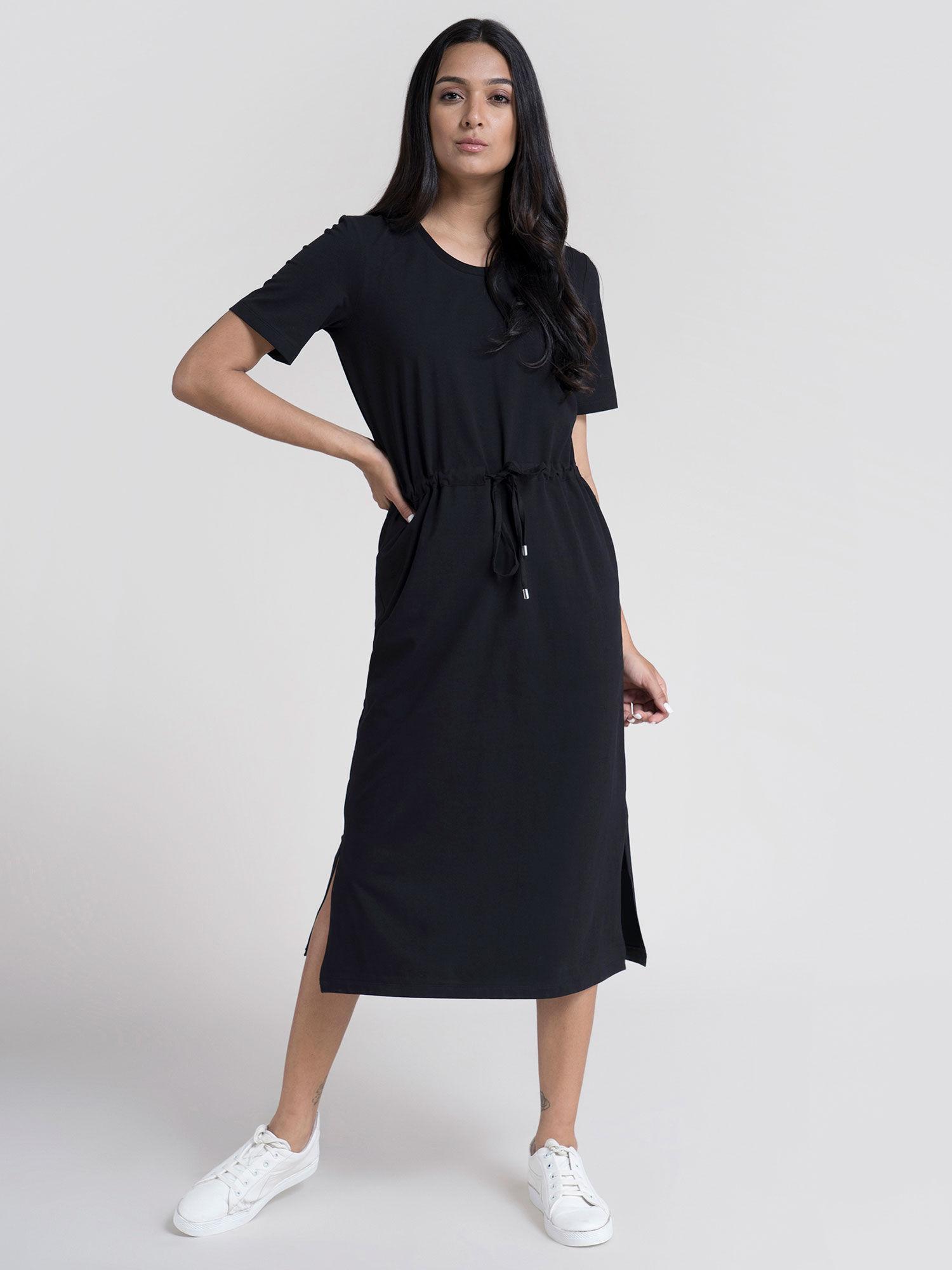 cotton-drawstring-knitted-dress---black