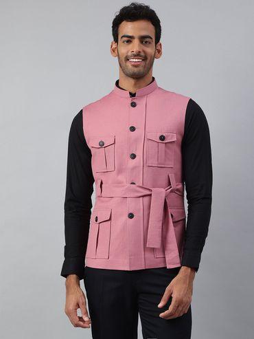 Dark Pink Cotton Linen Solid Jackets