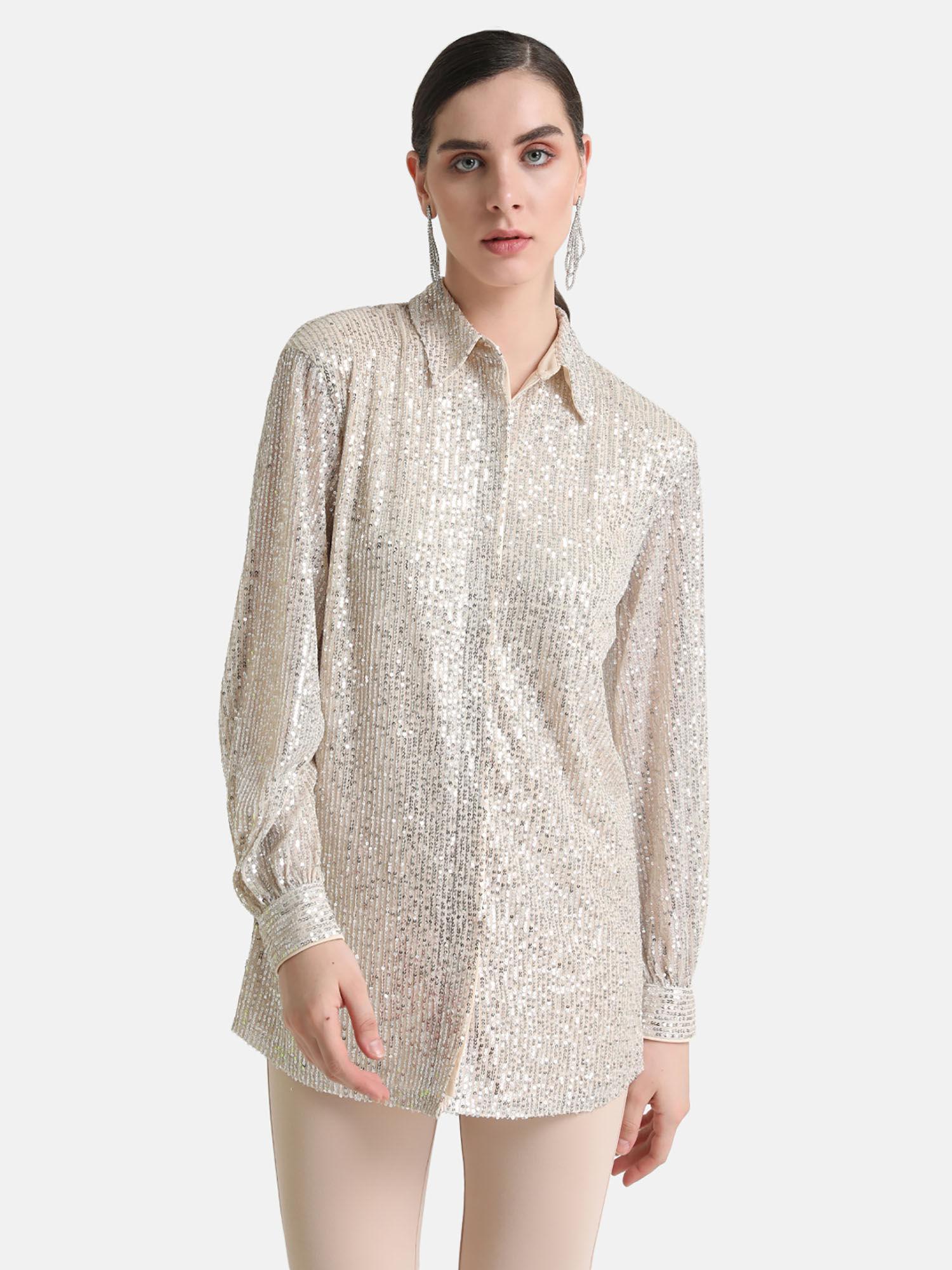 x Janhvi Kapoor Moonlight Beige Sequin Collar Shirt Long Sleeves