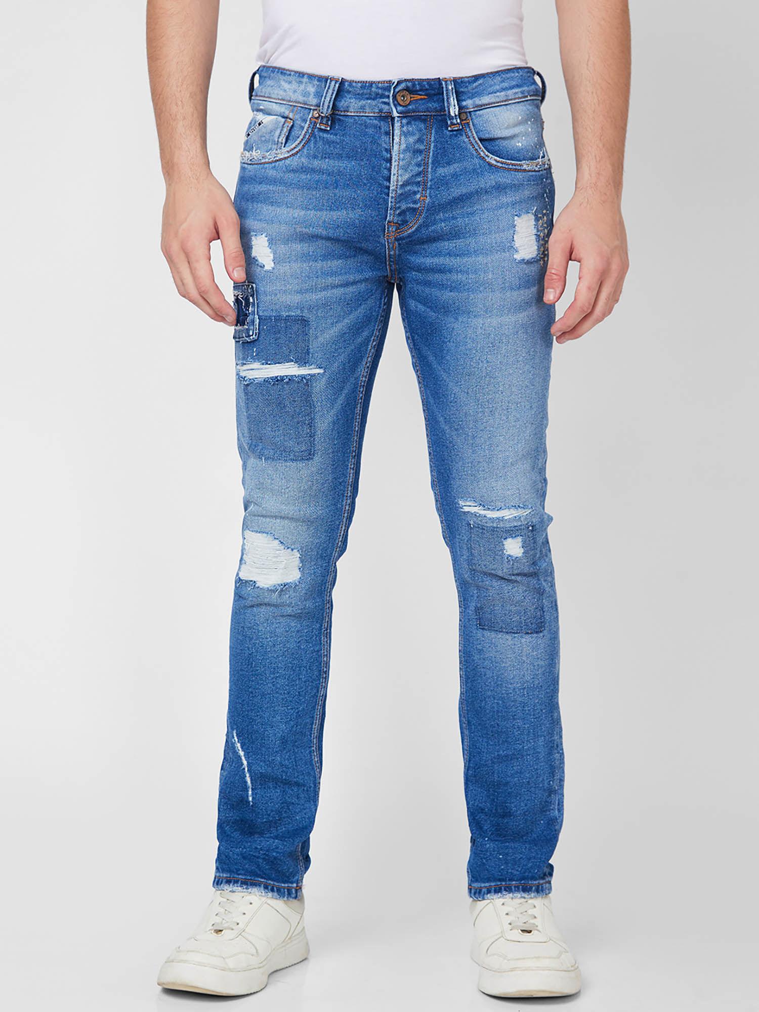 Mid Rise Straight Fit Blue Jeans for Men