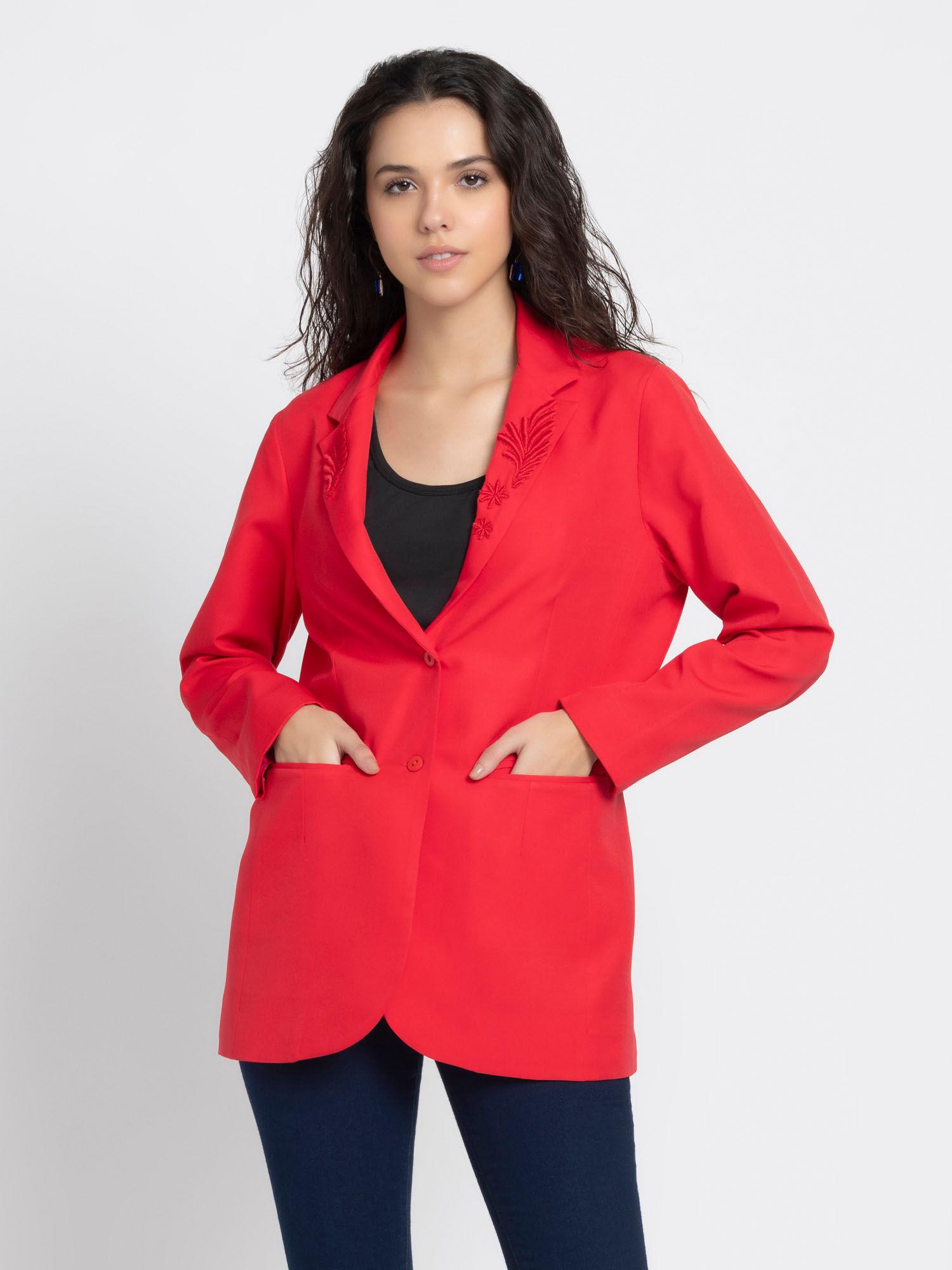 Women Notched Lapel Red Embroidered Full Sleeves Party Blazer