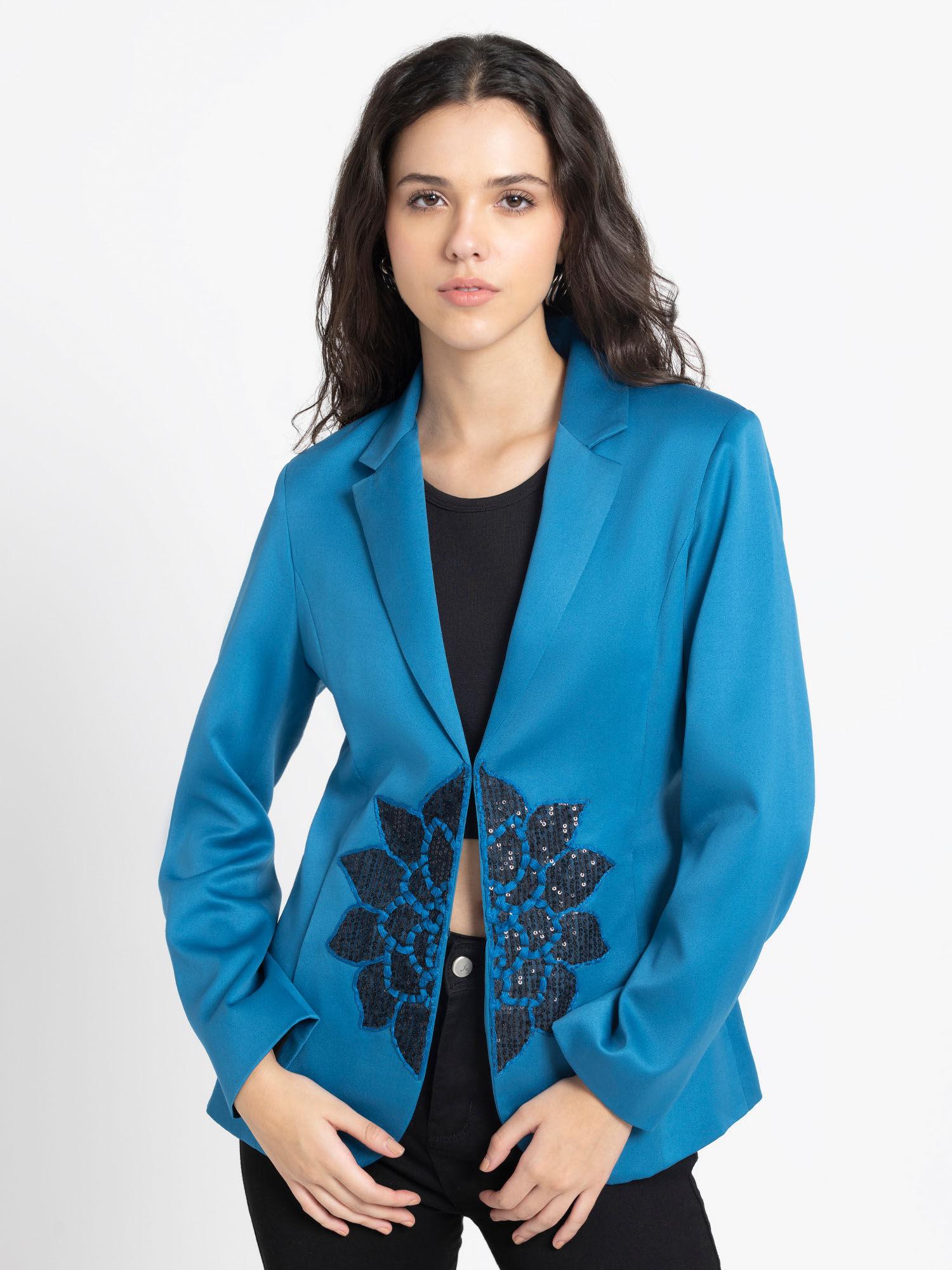 Women Notched Lapel Blue Embroidered Full Sleeves Party Blazer
