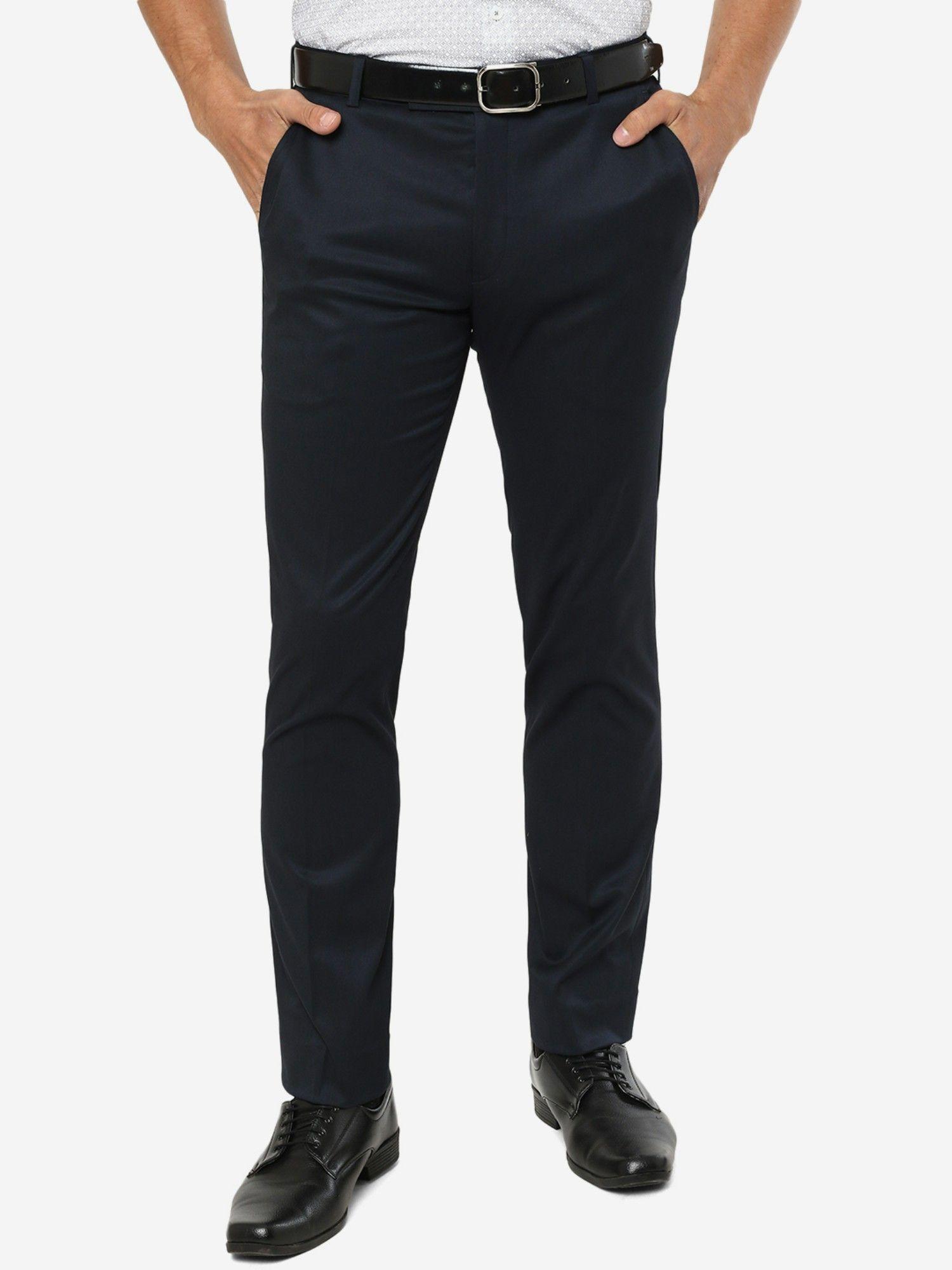 Men Solid Navy Blue Terry Rayon Slim Fit Formal Trouser