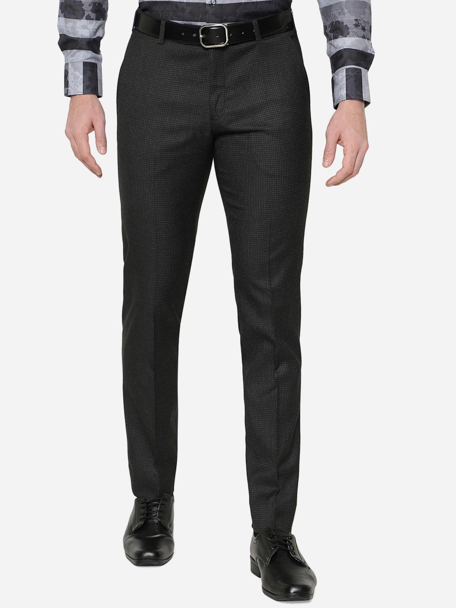 Men Black Terry Rayon Super Slim Fit Checked Formal Trouser
