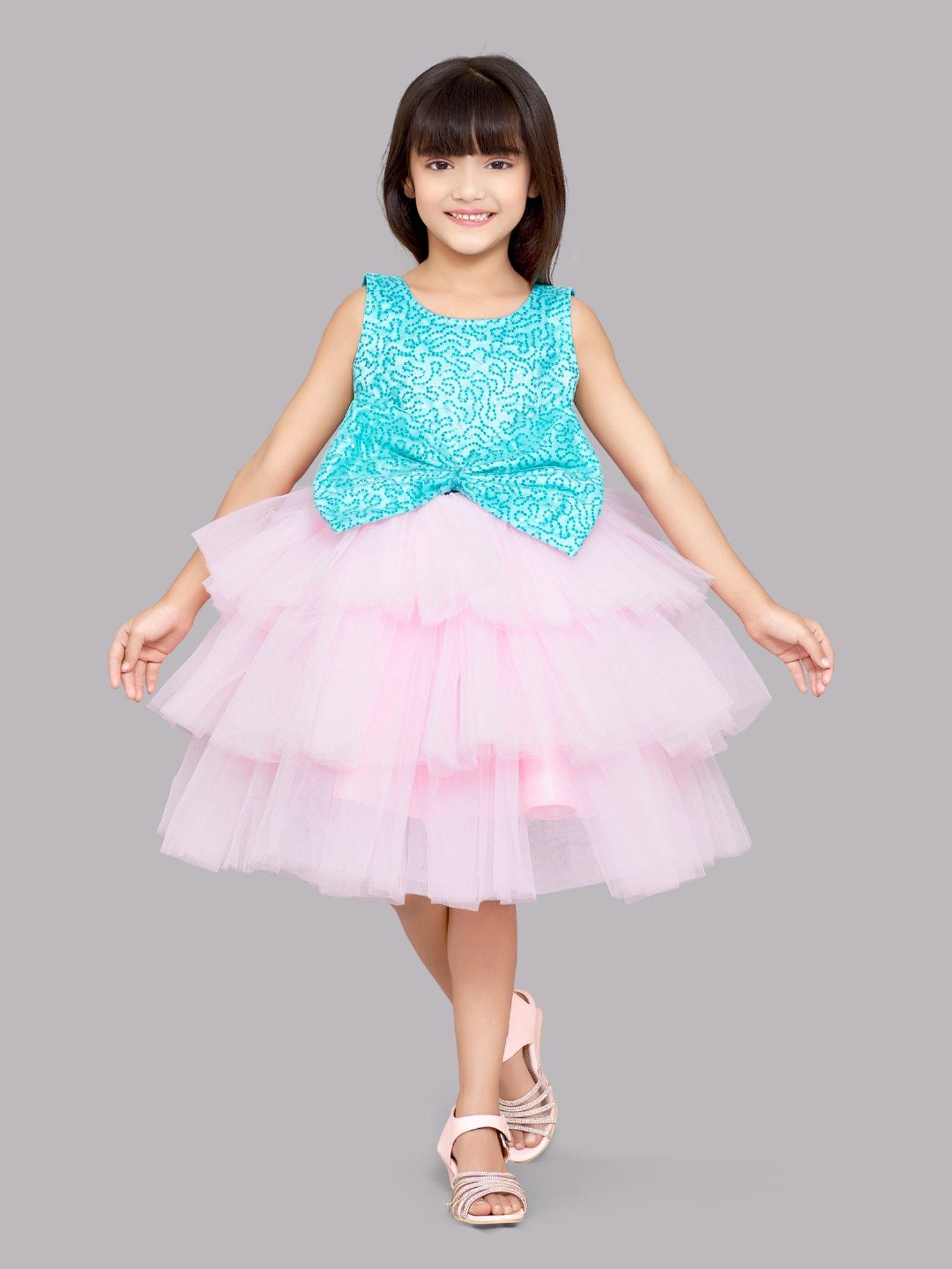 Sea Green Sequins And Pink Layers Party Dress