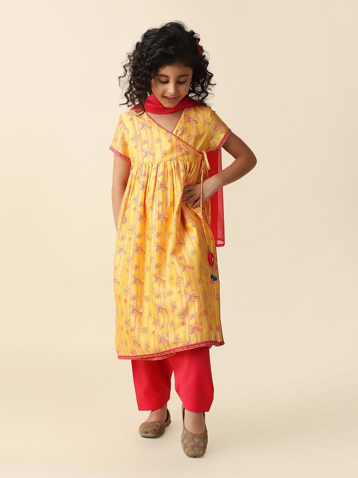 Yellow Cotton Silk Blend Printed Salwar (Set of 3)