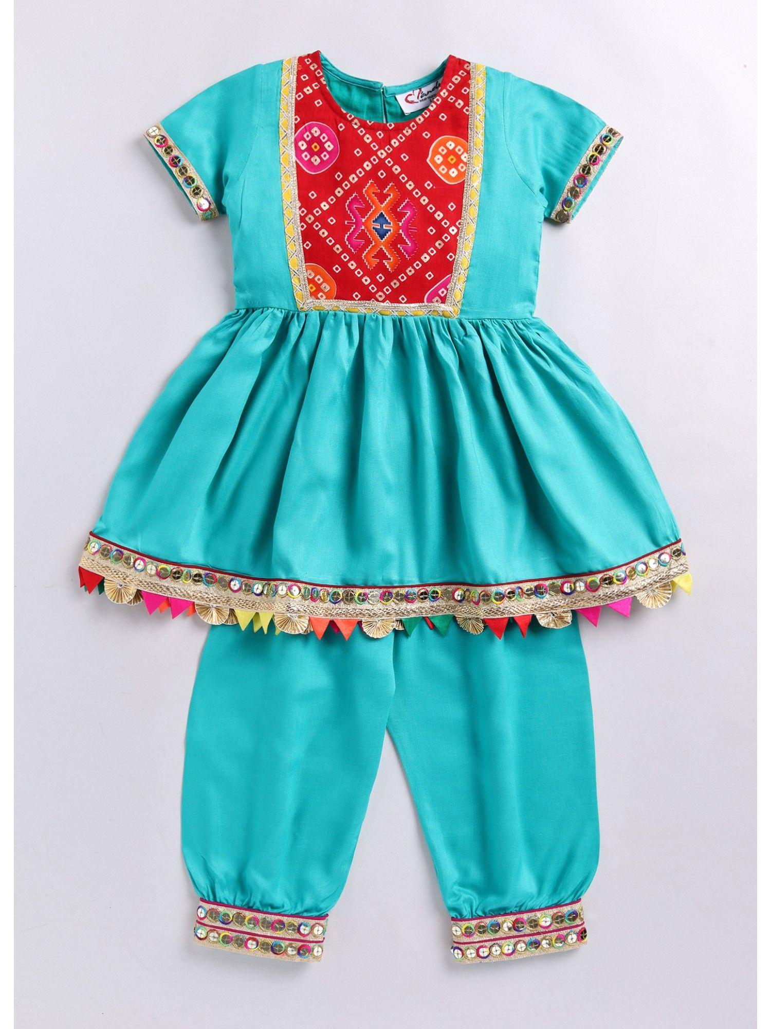 Girls Rayon Ethnic Yoke Kurta & Solid Pyjama with Laces Green (Set of 2)