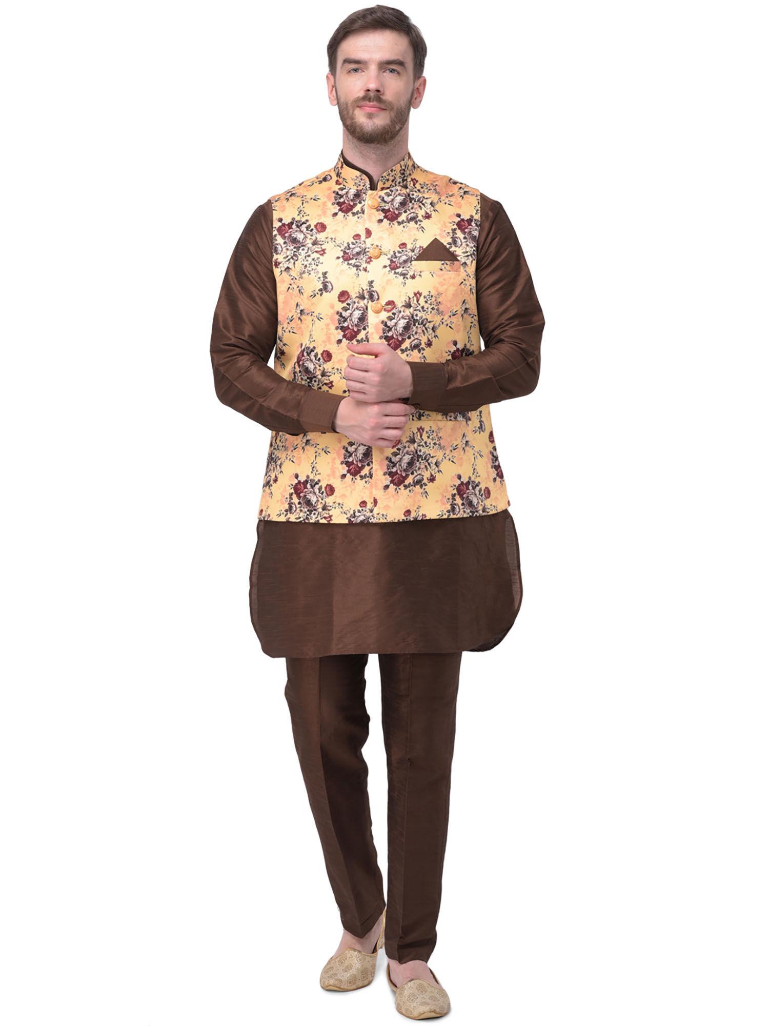 brown-printed-kurta-sets-with-jacket-(set-of-3)