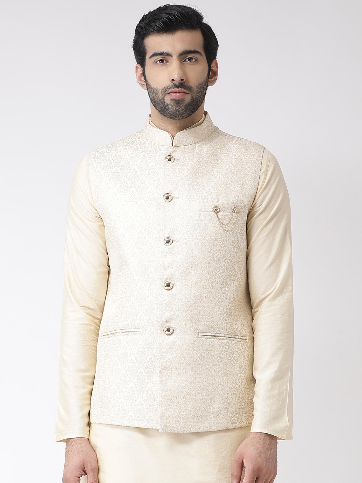 Cream Woven Design Nehru Jacket