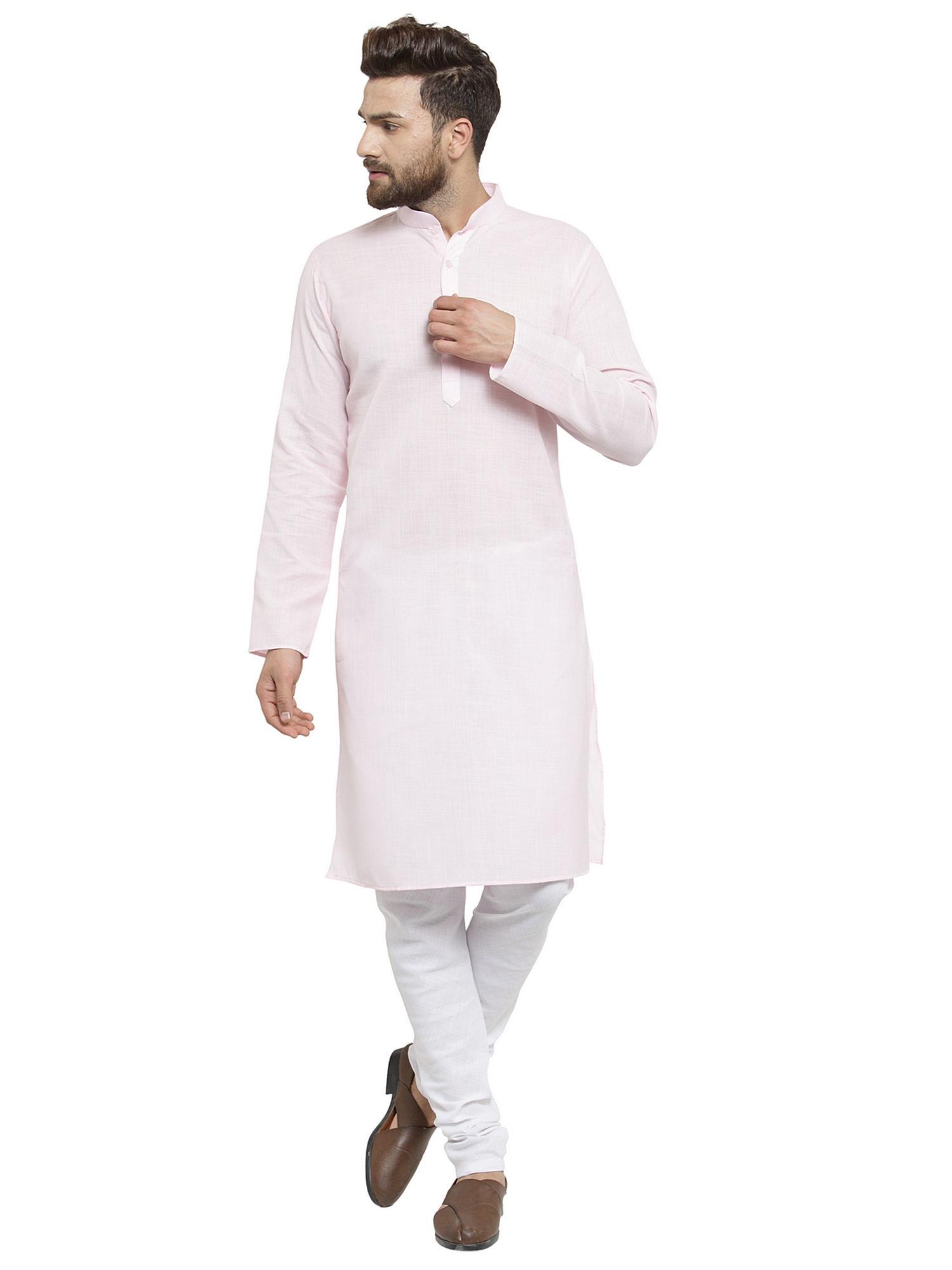 Plain Linen Pink Kurta With Churidar Set For Men (Set of 2)