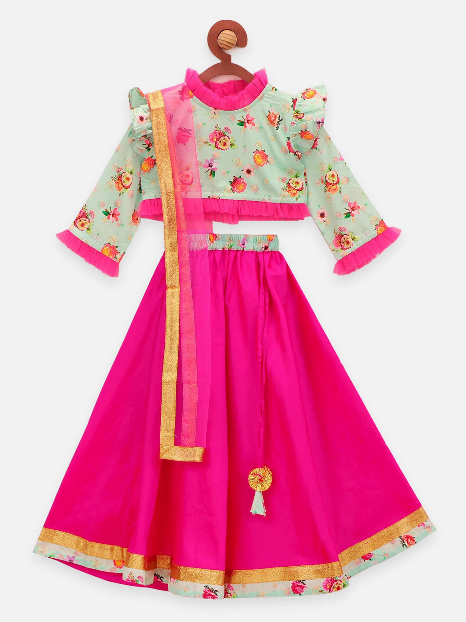 Floral Sea Green Choli With Hot Pink Lehenga With Dupatta Set Floral