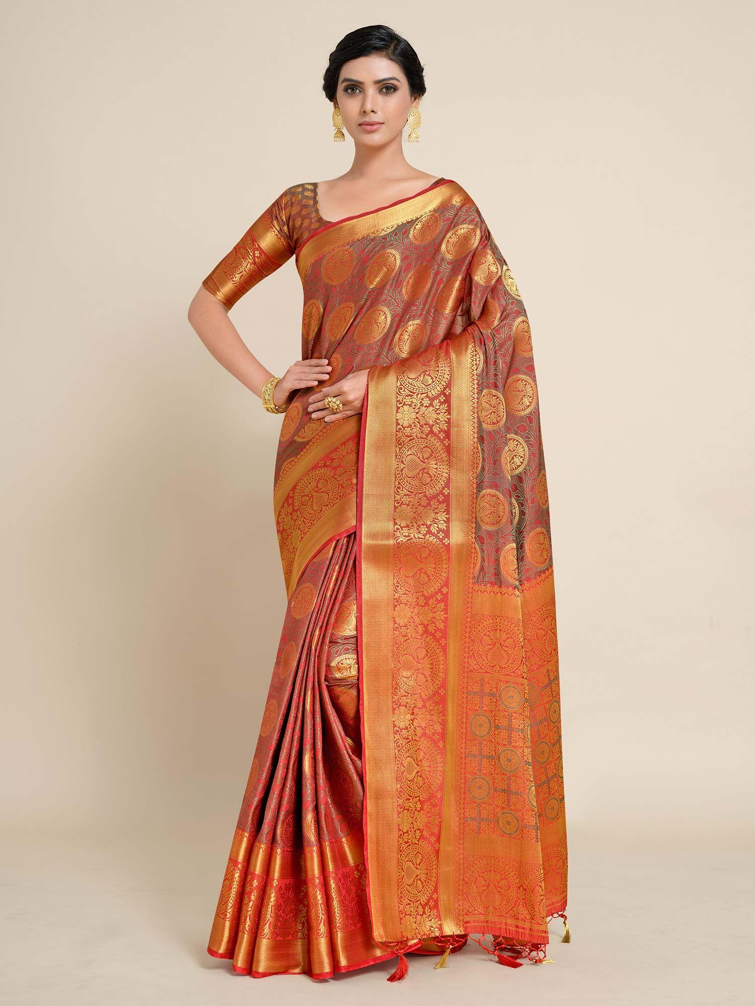 Women Kanjivaram Art Silk Saree with Unstiched Brocade Blouse with Unstitched