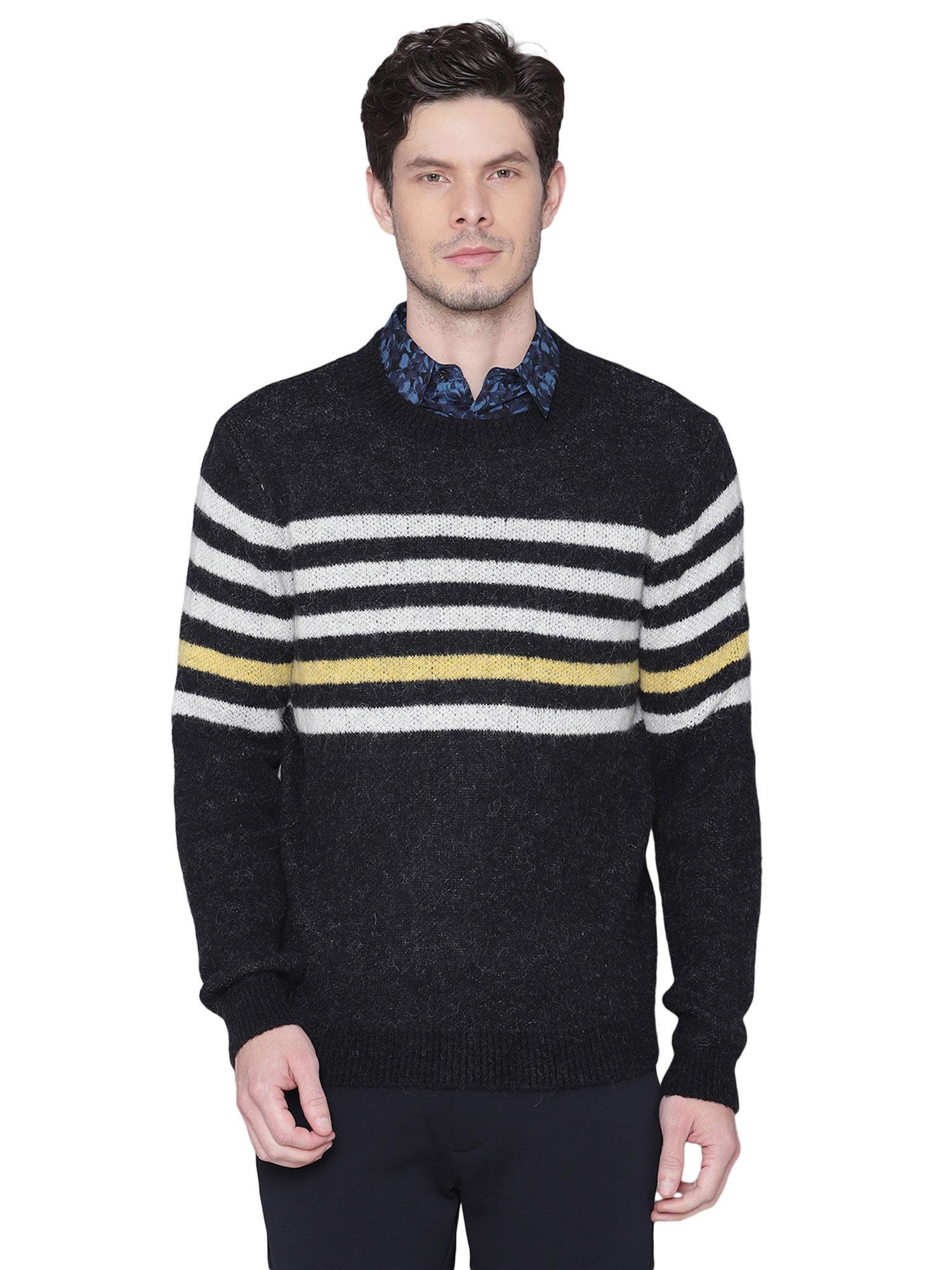 Men Black Striped Regular Fit Sweater