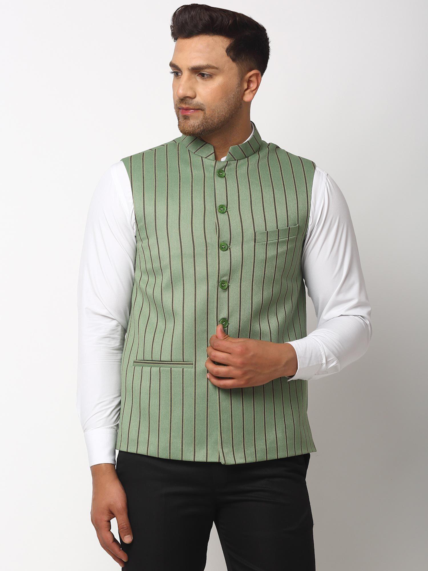 Striped Wool Nehru Jacket- Green