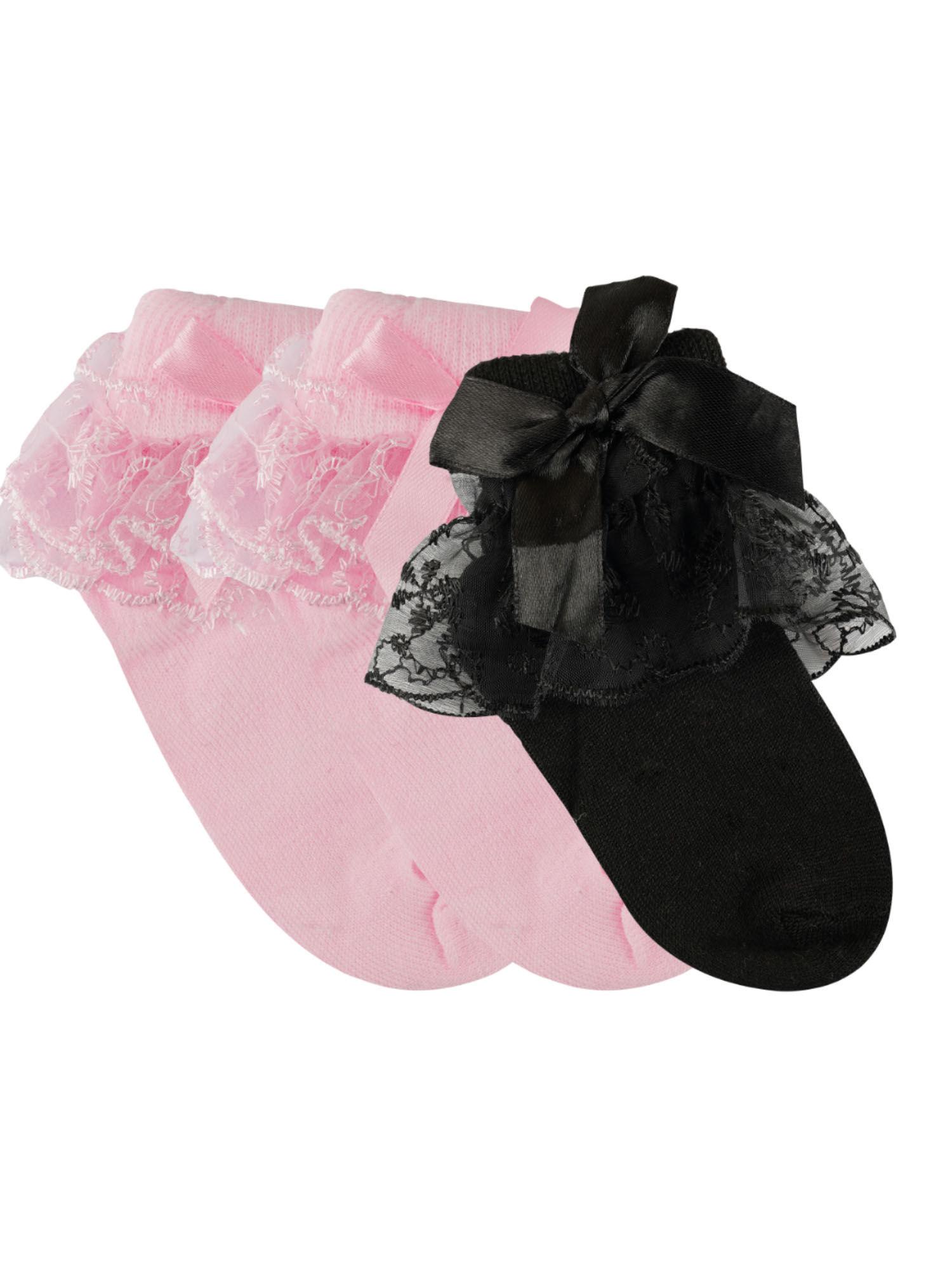 Girls Pink-black Floral Socks (Pack of 3)