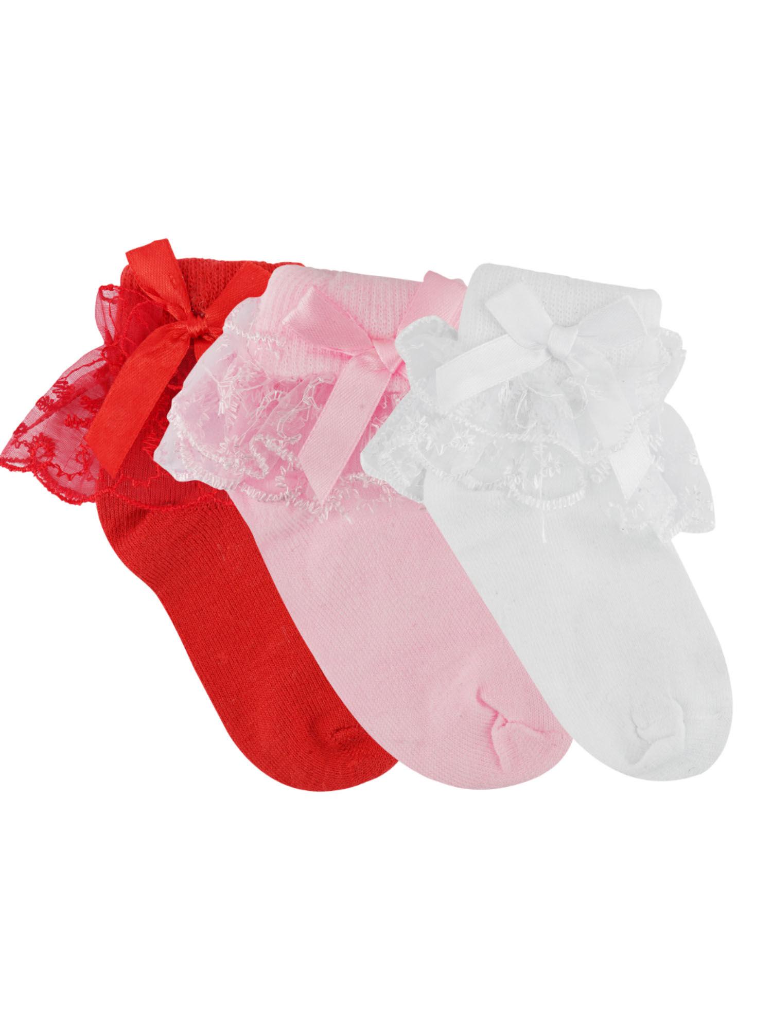 Girls Red-white-baby pink Floral Socks (Pack of 3)