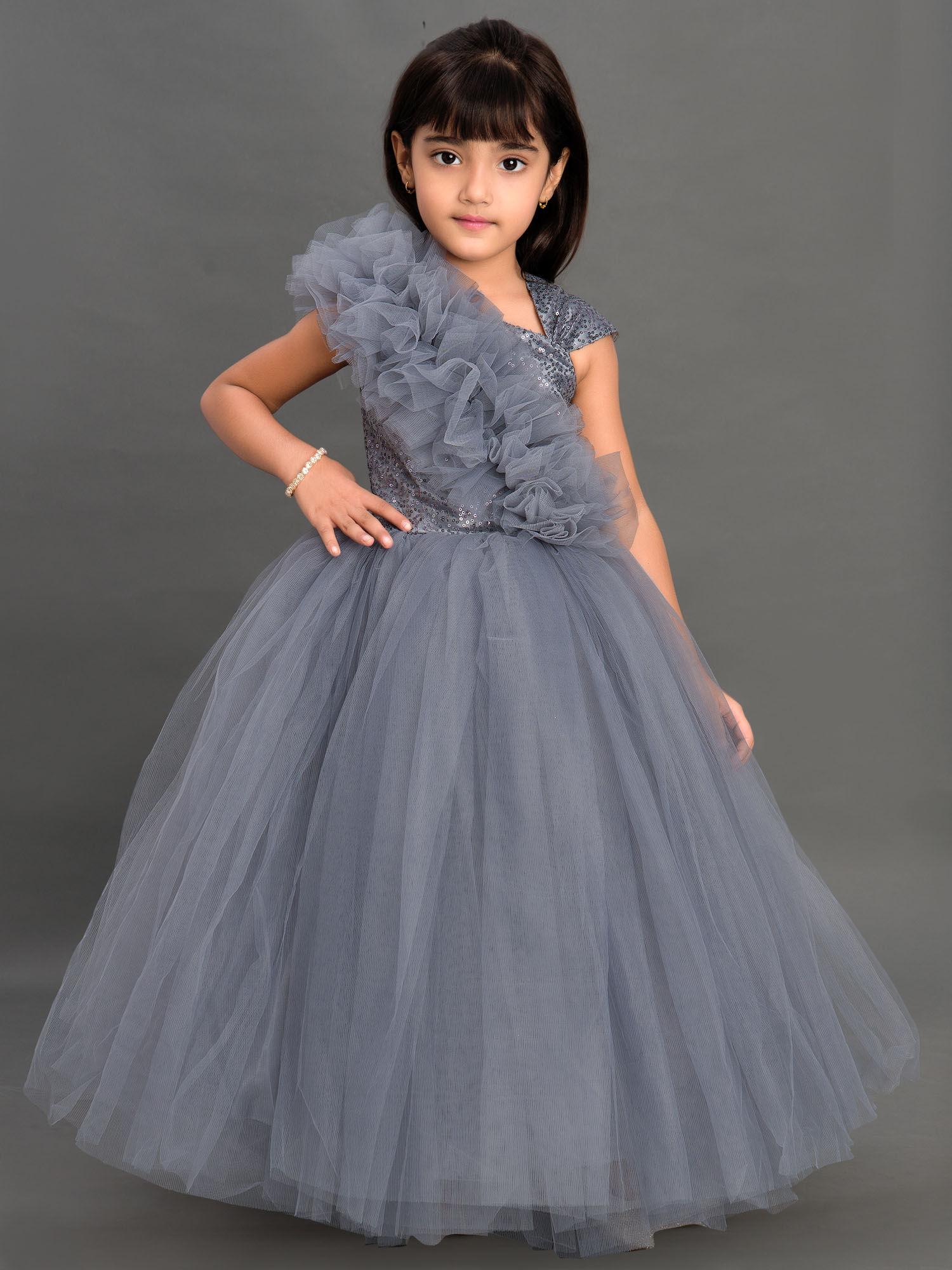 Ruffled Sequins Bodice Gown -Grey