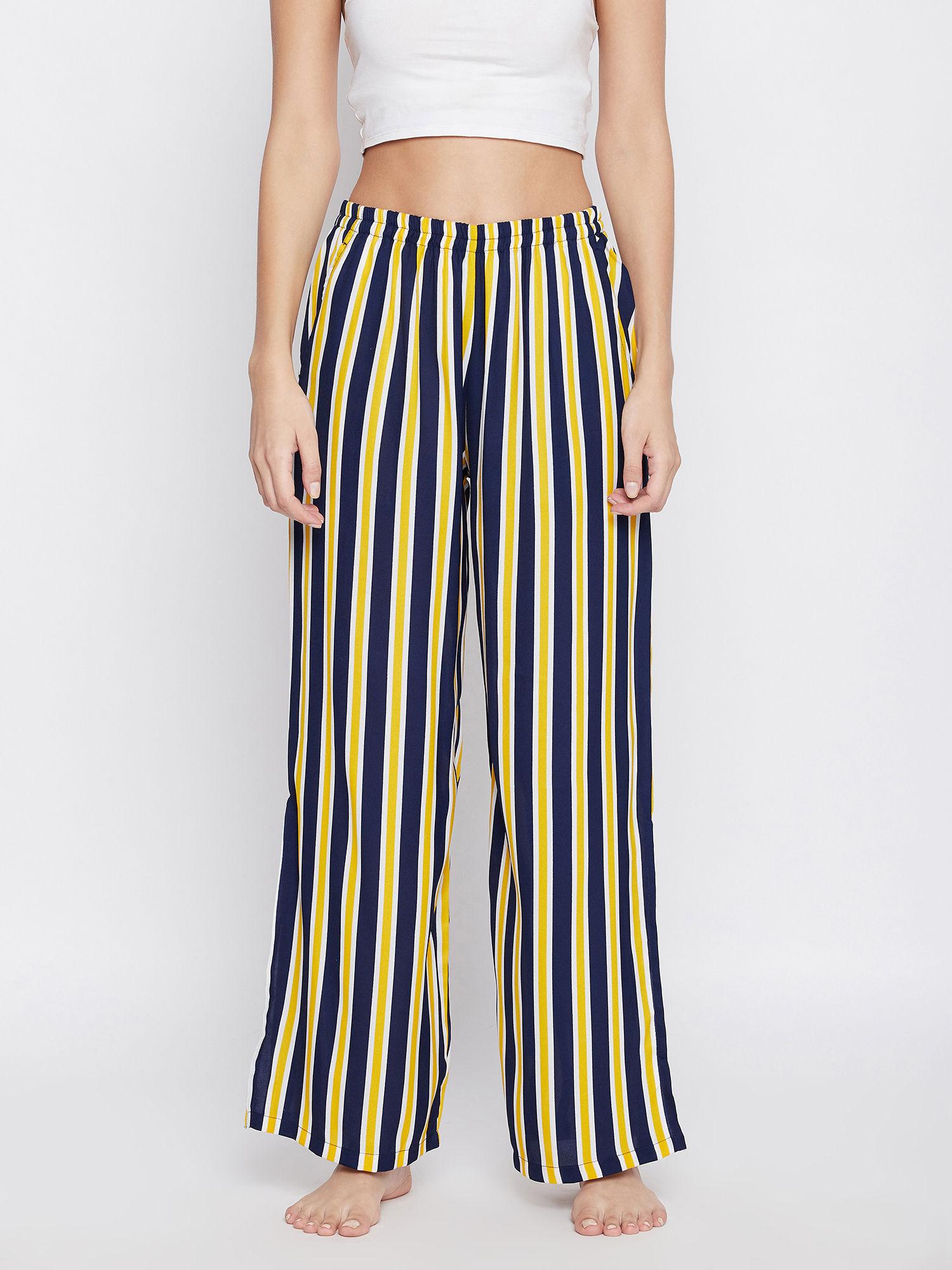 Sassy Stripes Flared Pyjama in Yellow with Side Slits - Crepe