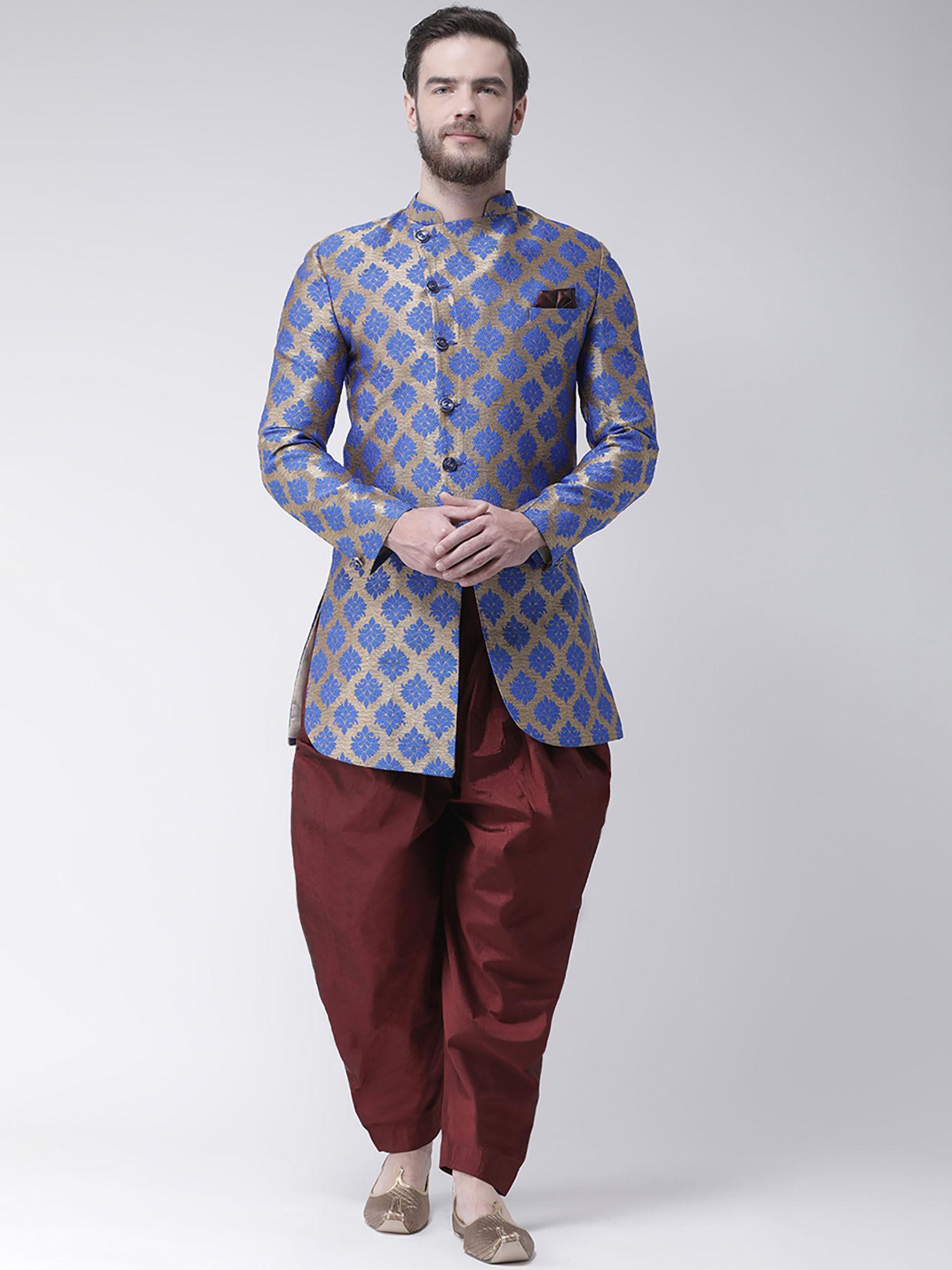 Blue Printed Sherwani And Pyjama (Set of 2)