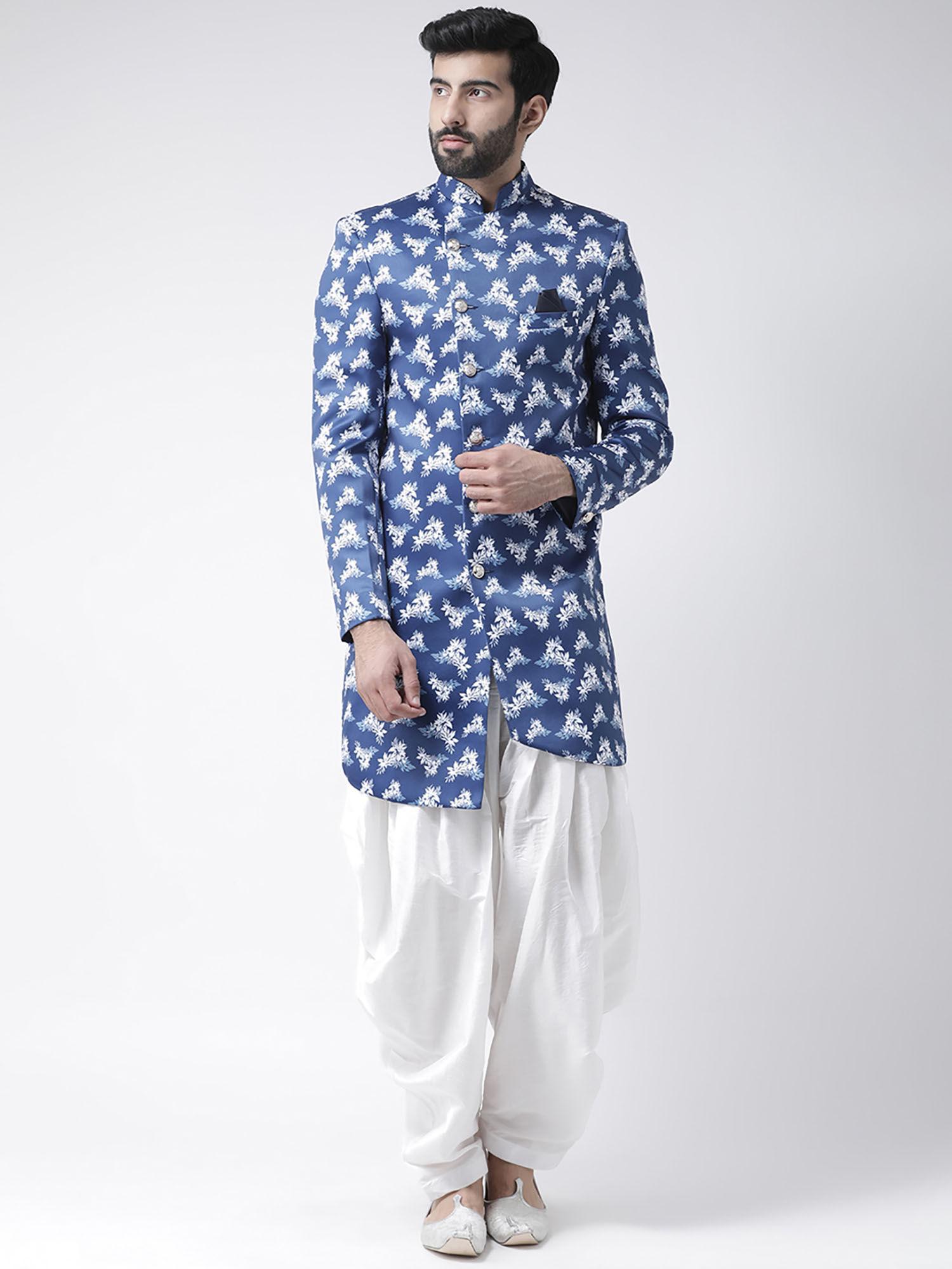 Navy Blue Printed Sherwani And Pyjama (Set of 2)