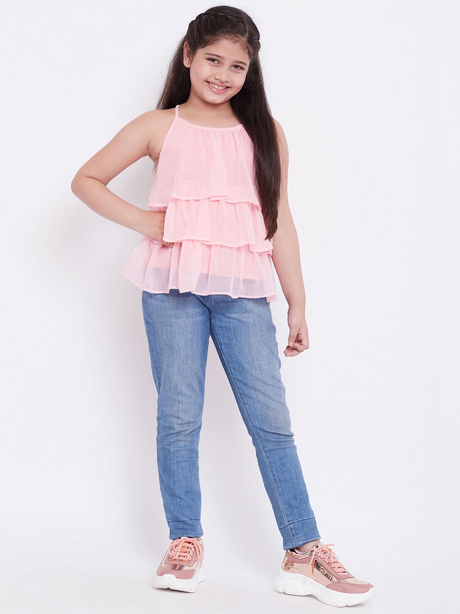 Girl Solid Round Neck Waist Length Casual Wear Top Pink