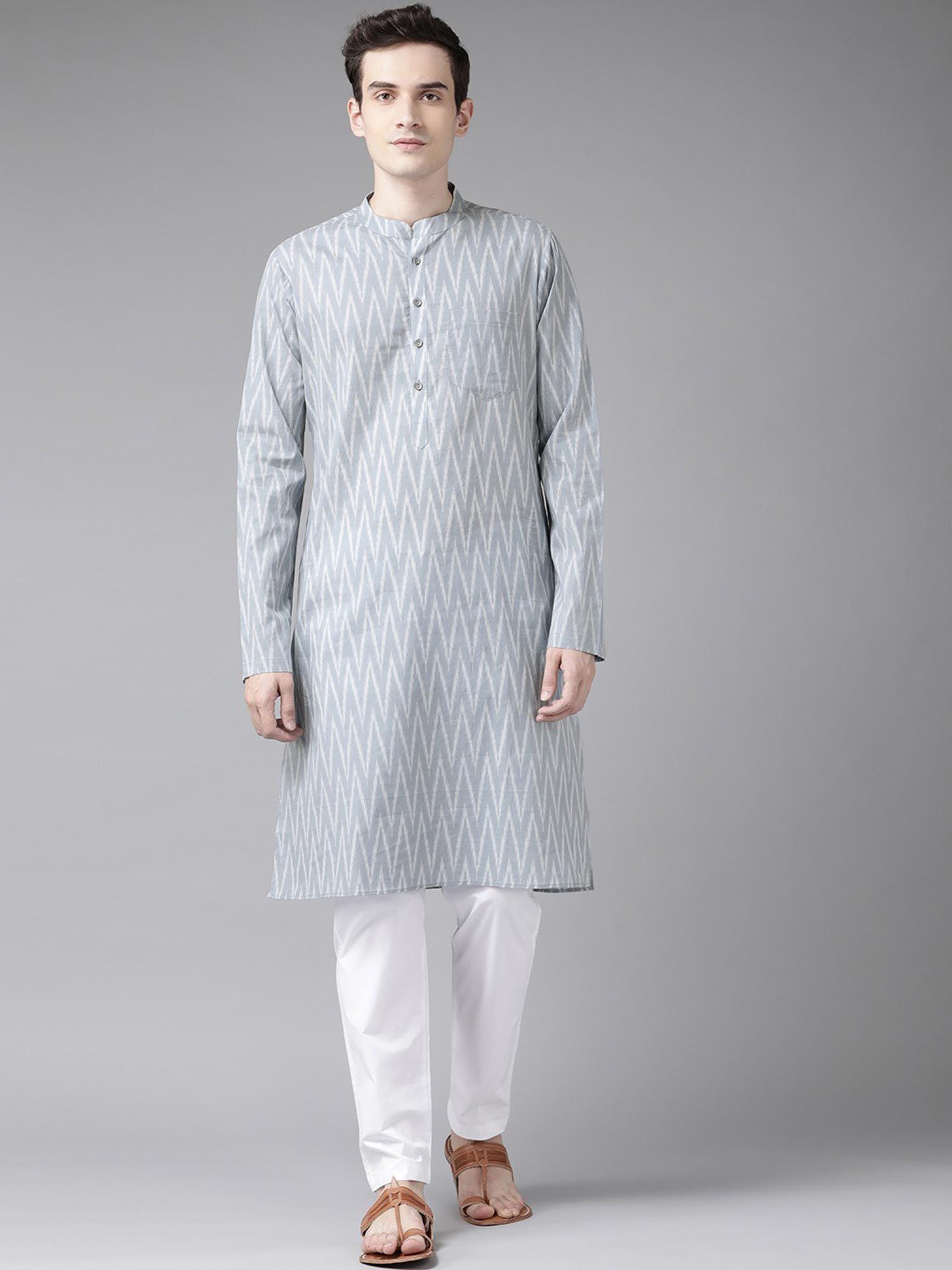 Men Grey And White Printed Straight Kurta With Pyjama (Set of 2)