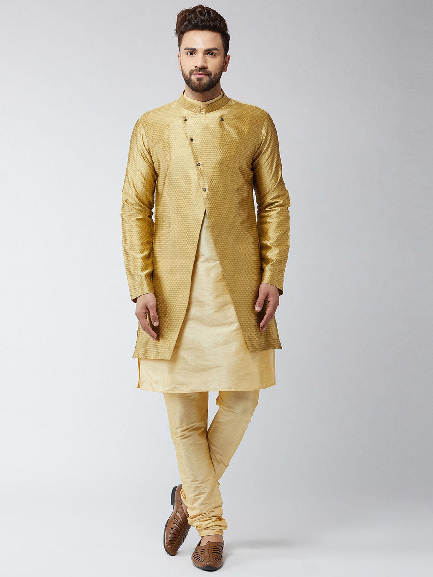 Men Silk Blend Gold Kurta With Churidaar Pyjama & Gold Sherwani Jacket (Set of 3)