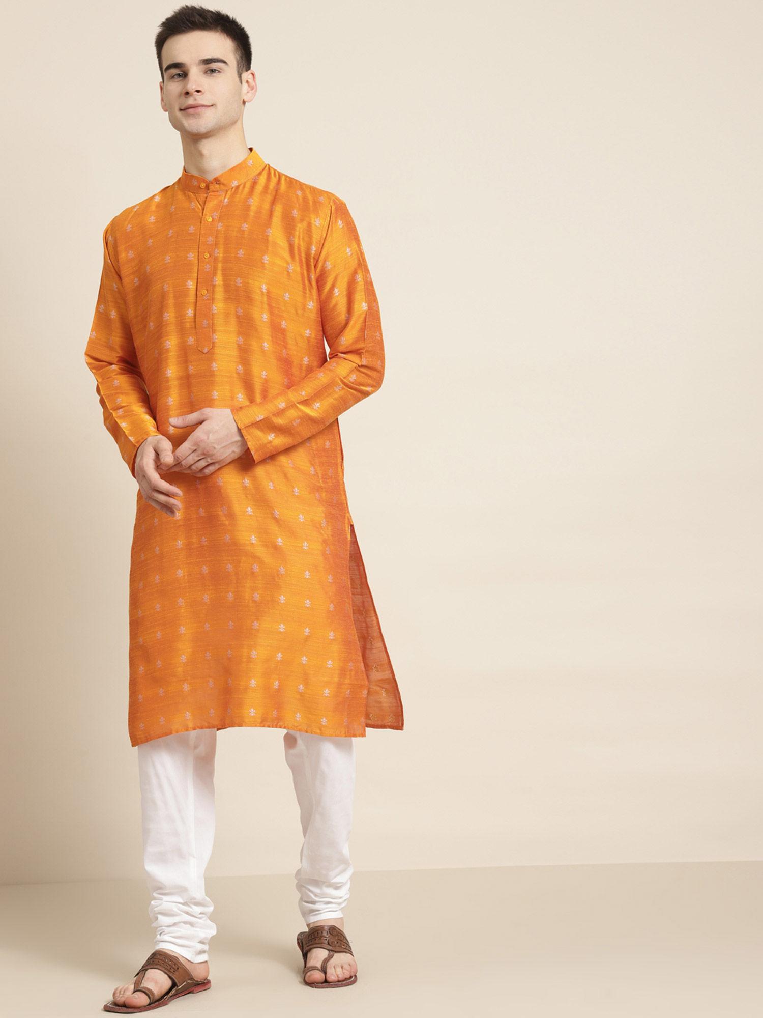 mens-cotton-orange-self-design-kurta-&-white-churidar-pyjama-(set-of-2)