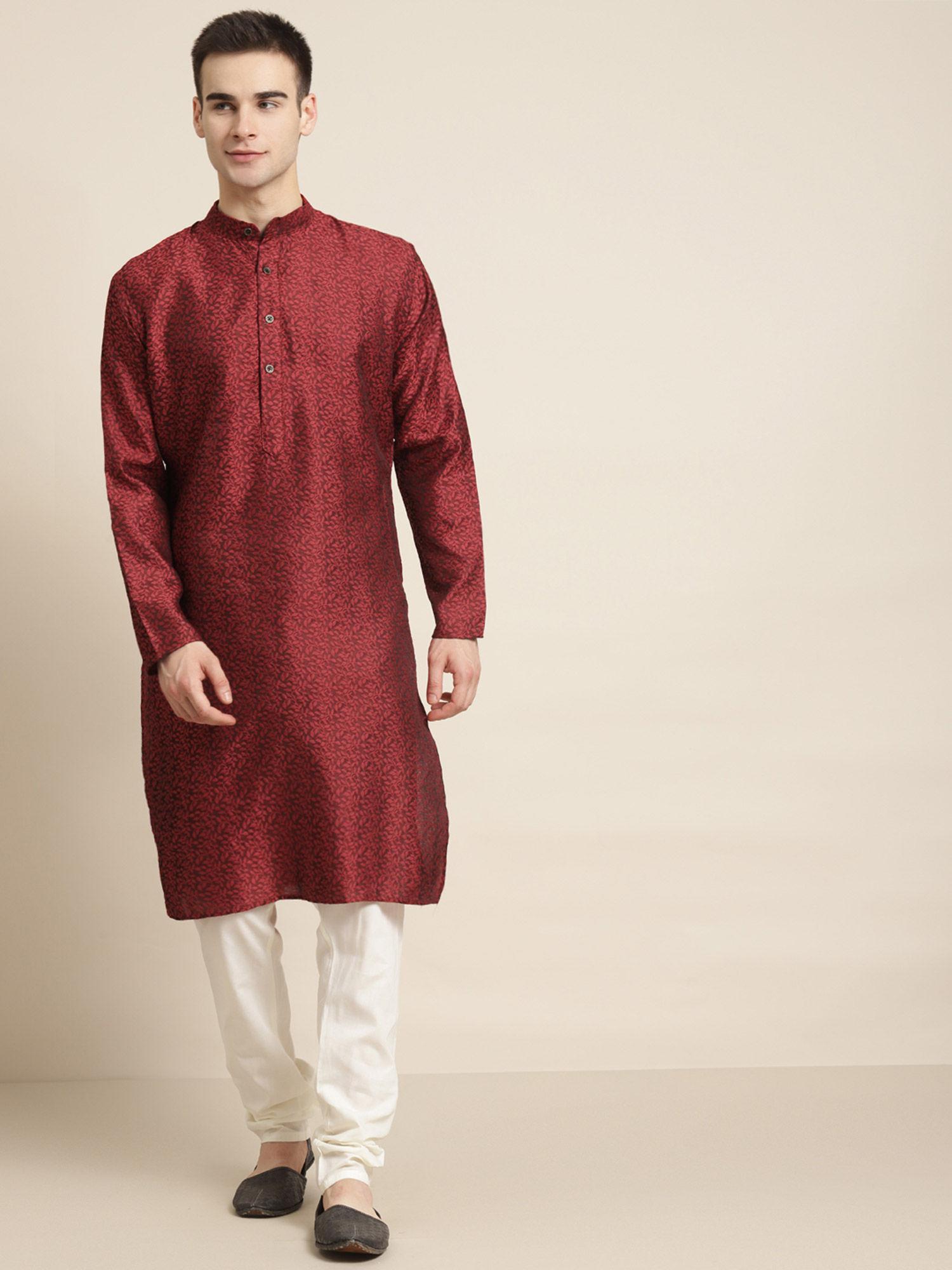 mens-jacq-silk-maroon-self-design-kurta-&-white-churidar-pyjama-(set-of-2)