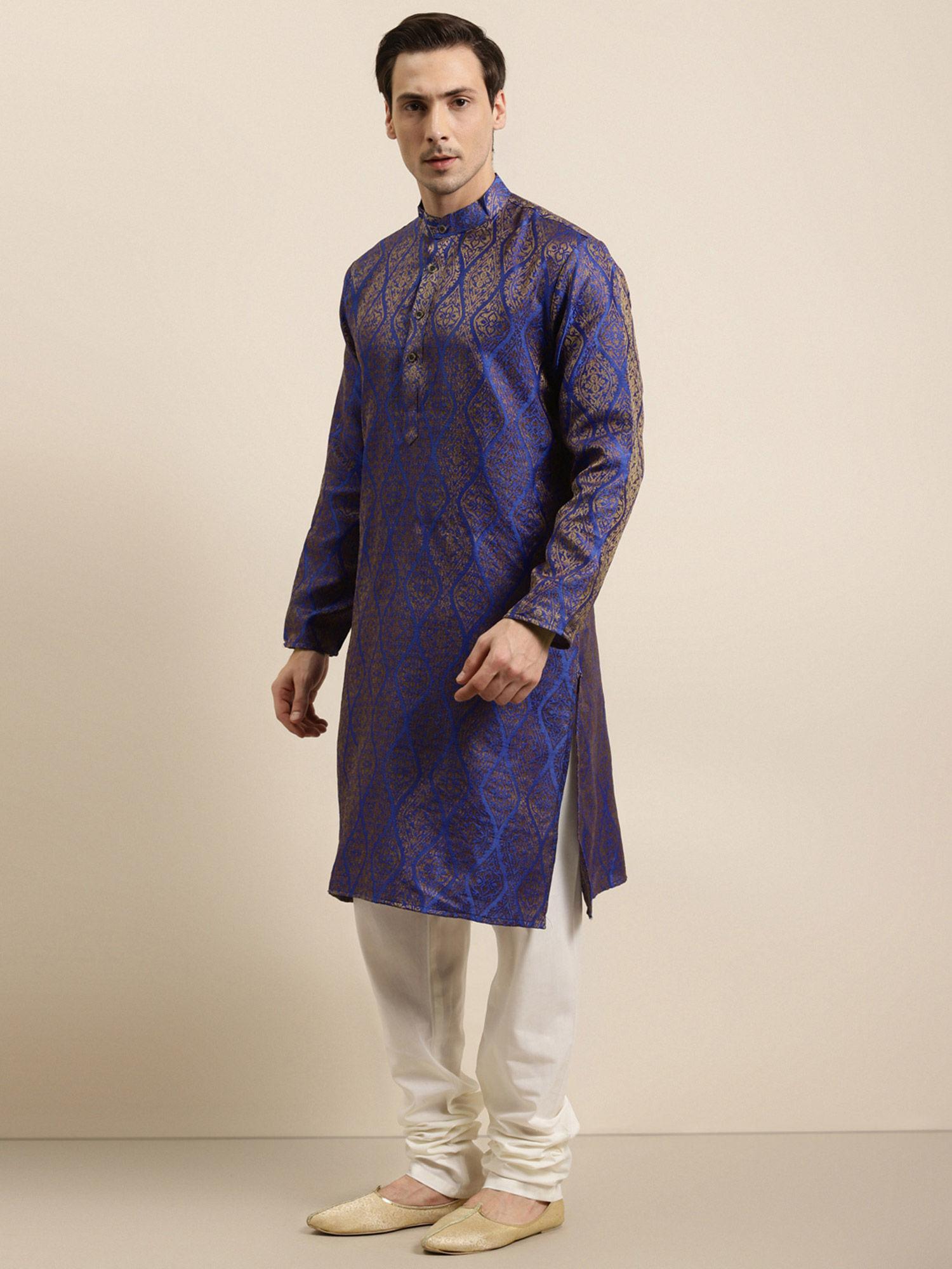 mens-jacquard-silk-blue-&-gold-kurta-&-off-white-churidar-pyjama-(set-of-2)