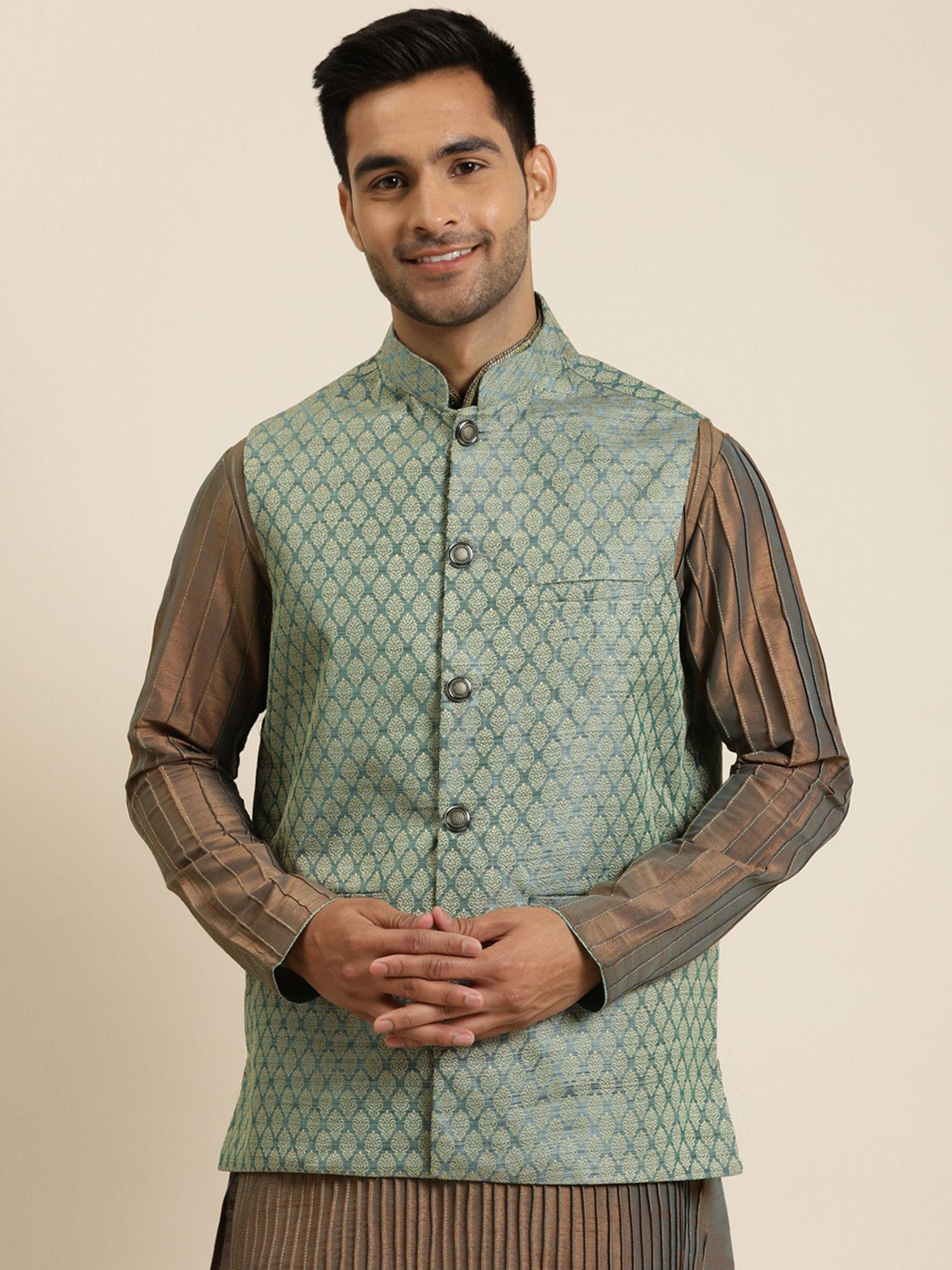 Jacquard Silk Teal Green Self Design Only Nehru Jacket