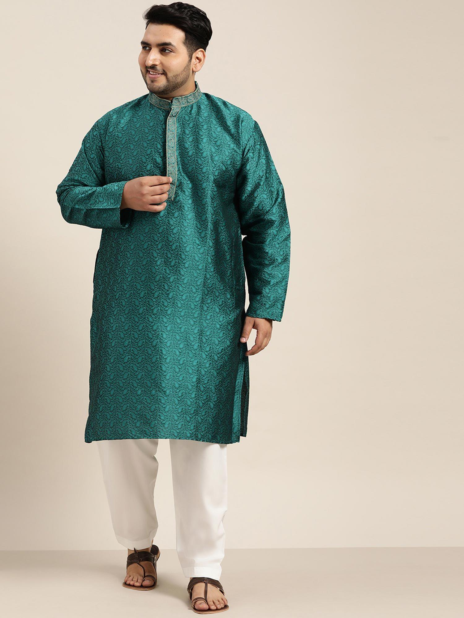 men-silk-blend-teal-green-kurta-and-off-white-churidar-pyjama-(set-of-2)