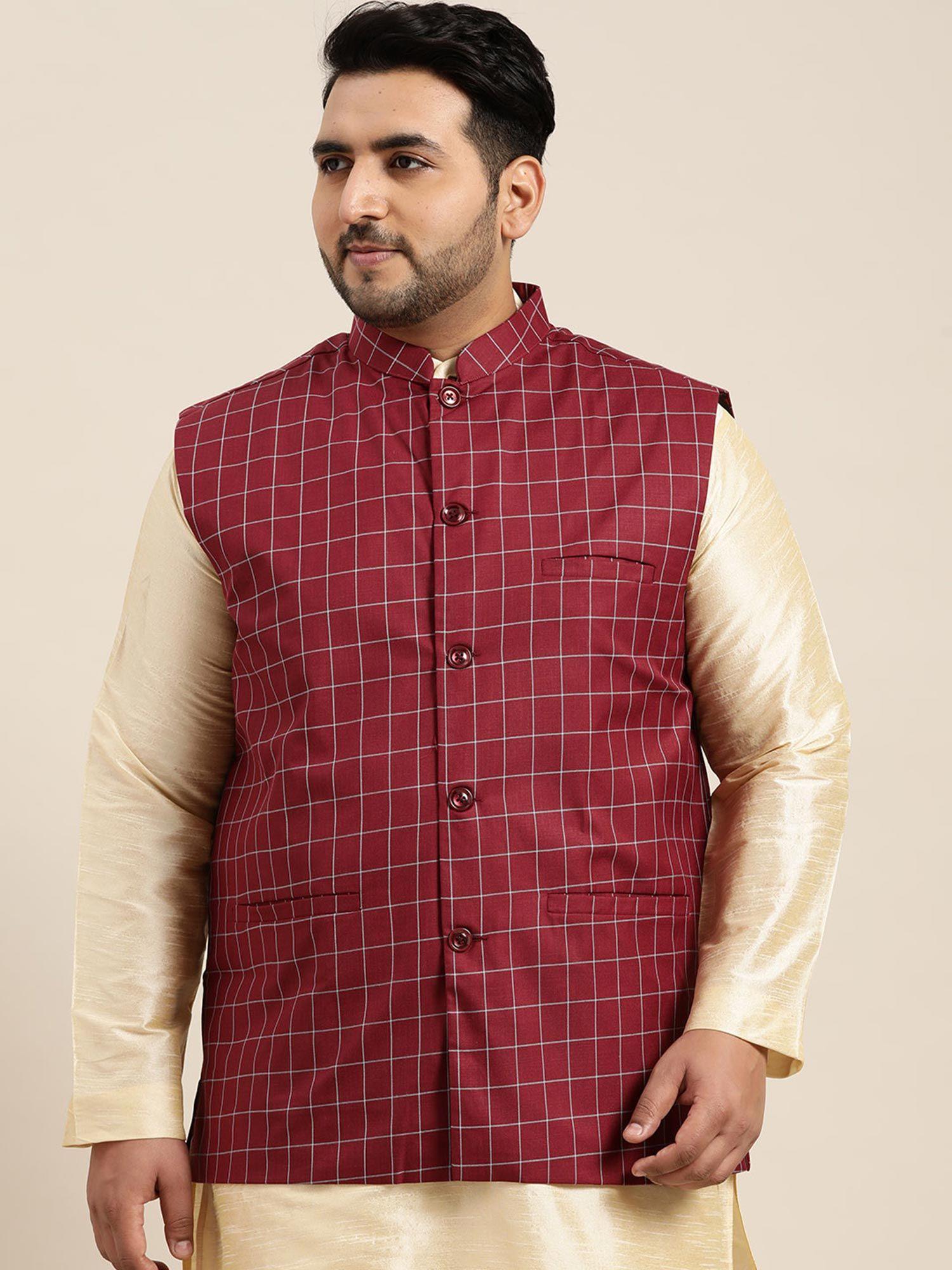 men-cotton-blend-maroon-checked-nehru-jacket