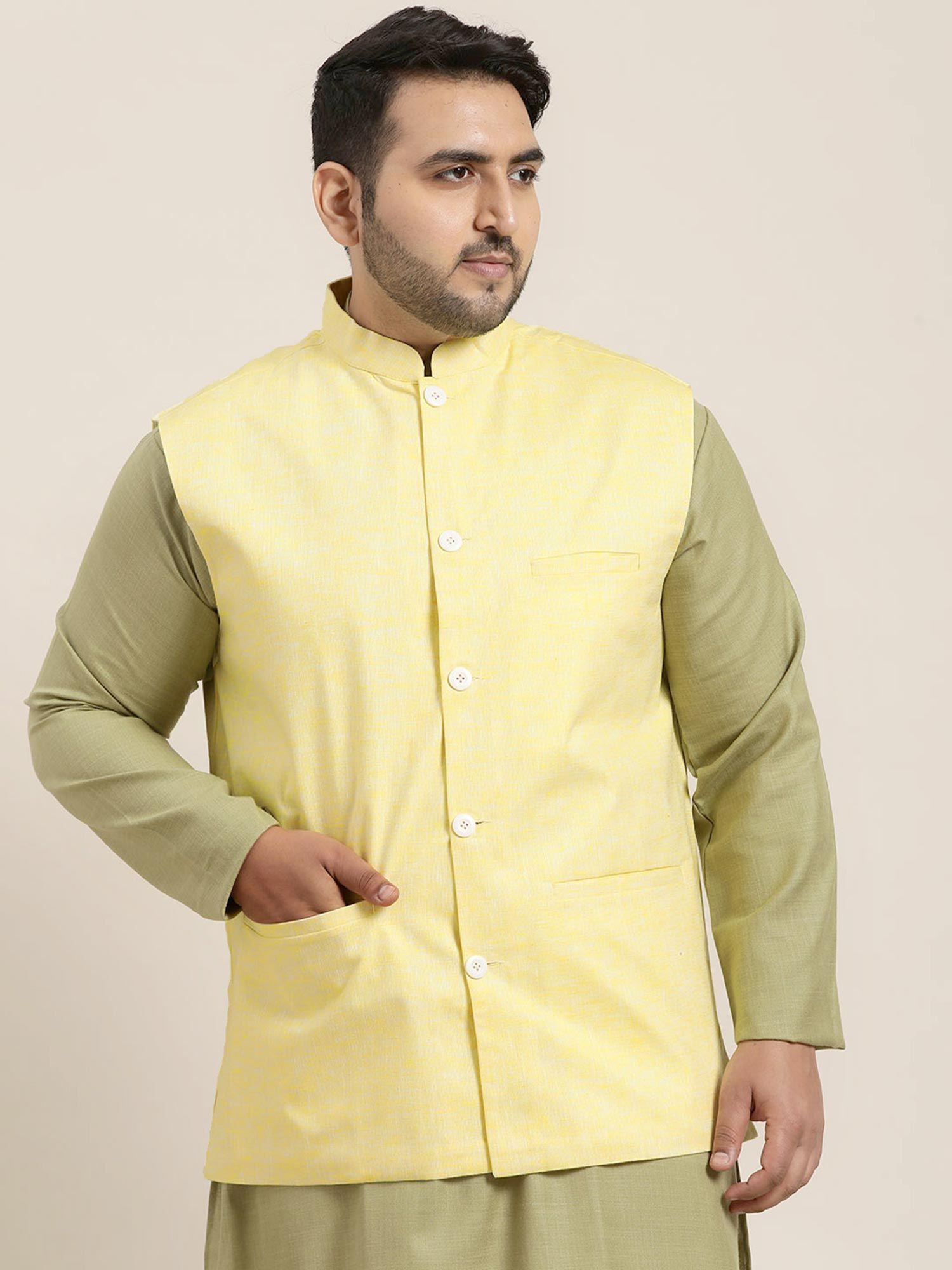 Men Cotton Linen Blend Lemon Yellow Nehru Jacket