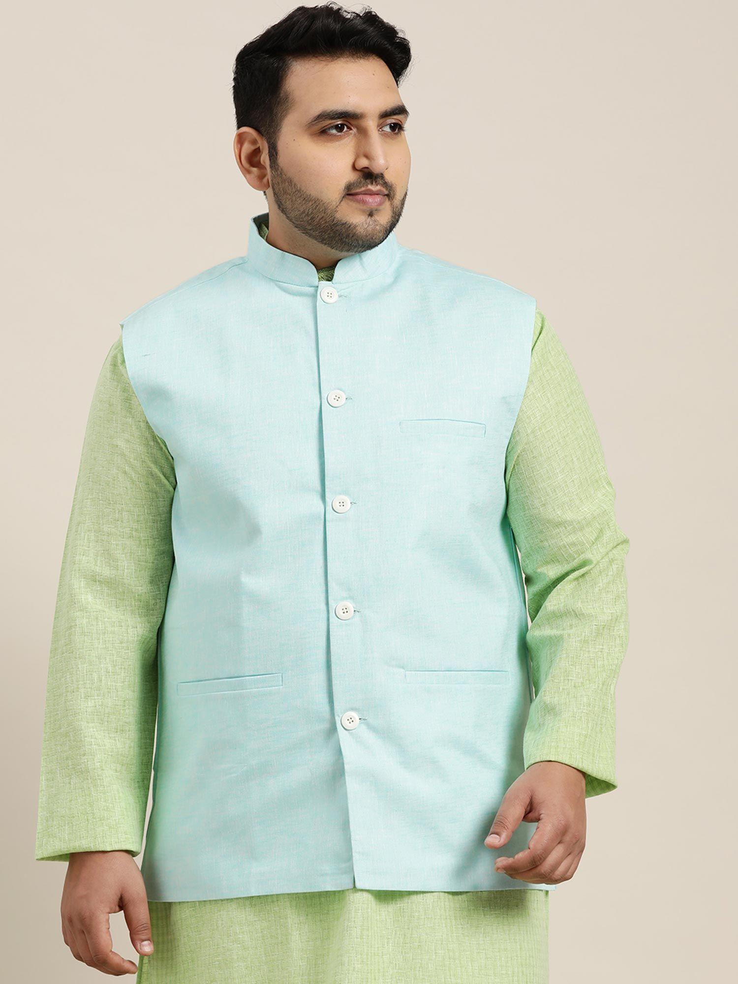 Men Cotton Linen Blend Sky Blue Nehru Jacket