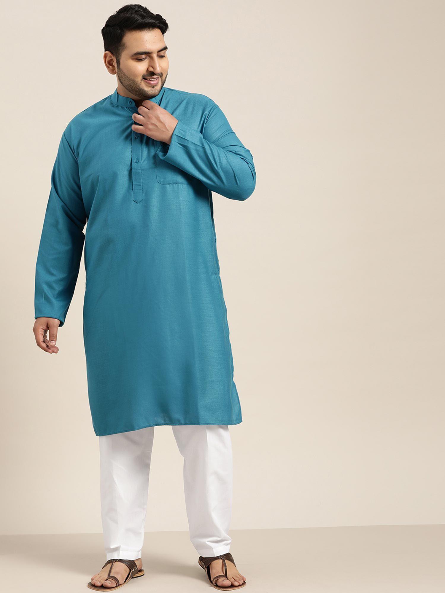 men-cotton-peacock-blue-kurta-and-white-churidar-pyjama-(set-of-2)