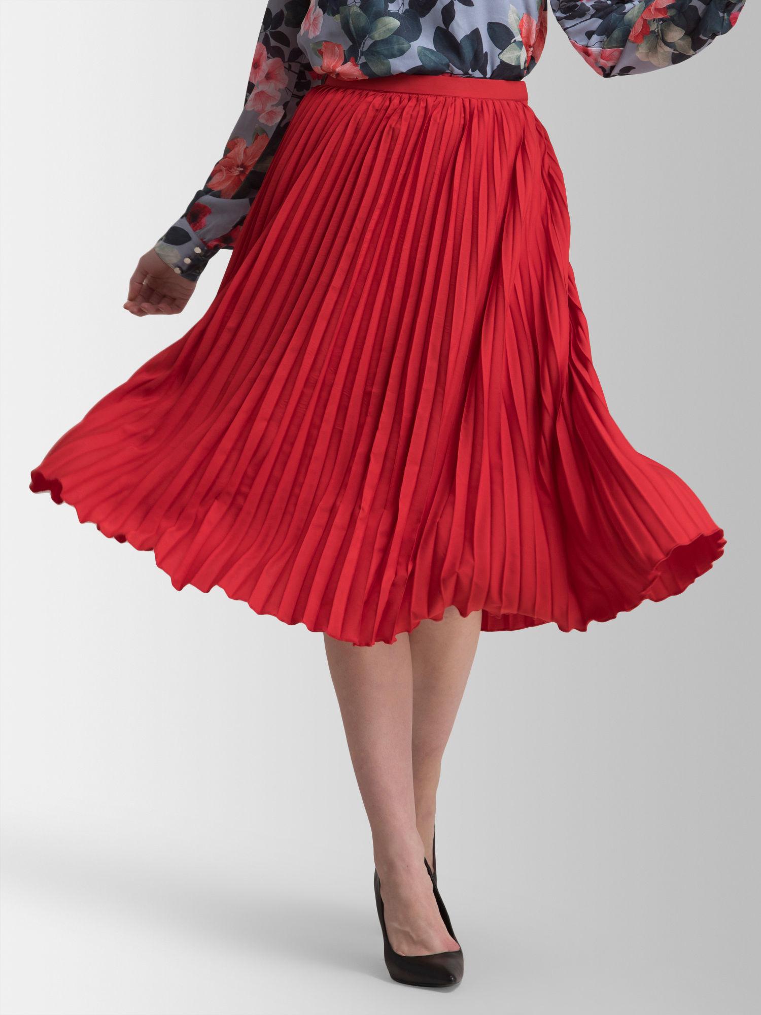 Pleated Flared Midi Skirt - Red