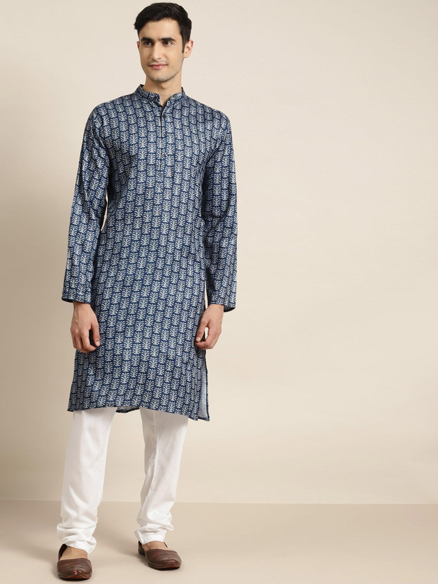 (since-1958)-men-cotton-navyblue-printed-kurta-and-white-churidar-pyjama-(set-of-2)
