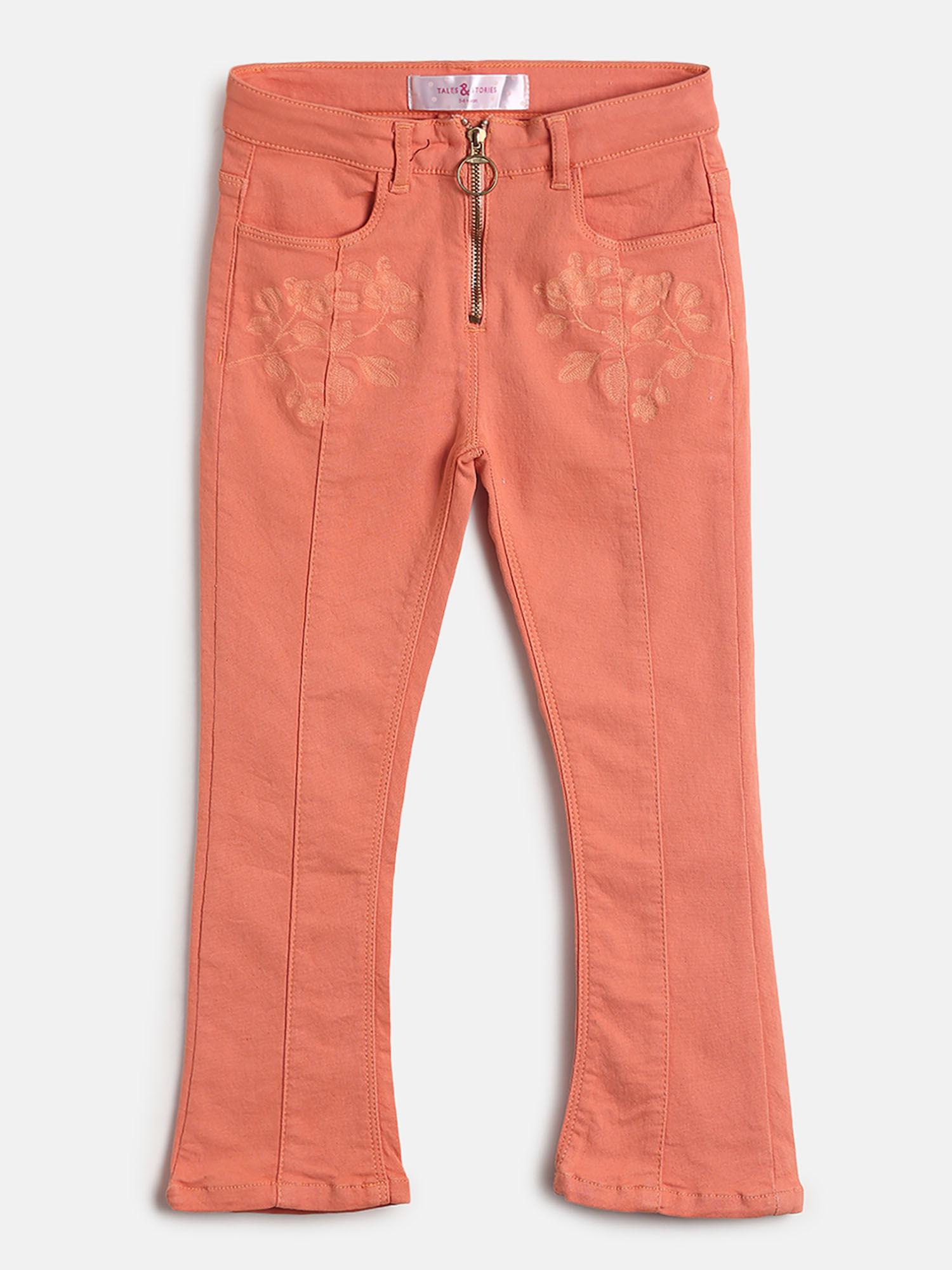 Girls Orange Lycra Embroidered Trouser