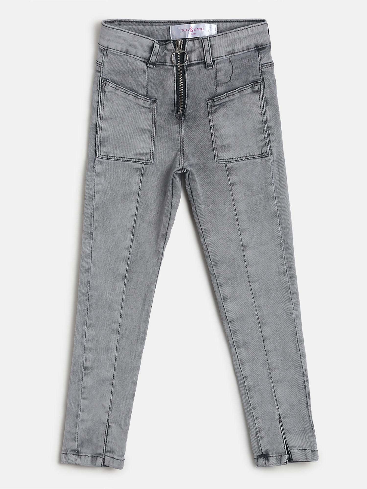 Girls Grey Lycra Solid Jeans
